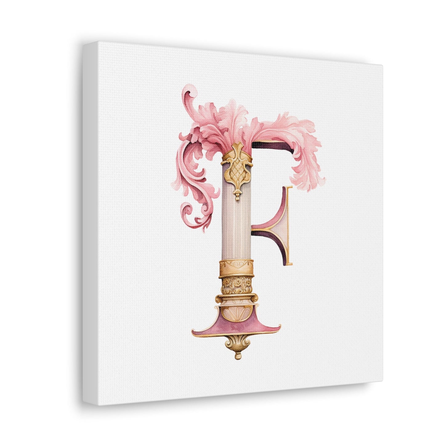 Monogram F Wall Art - Canvas Print Gallery Wrap - Single Initial Letter with Crown - Pink and Gold