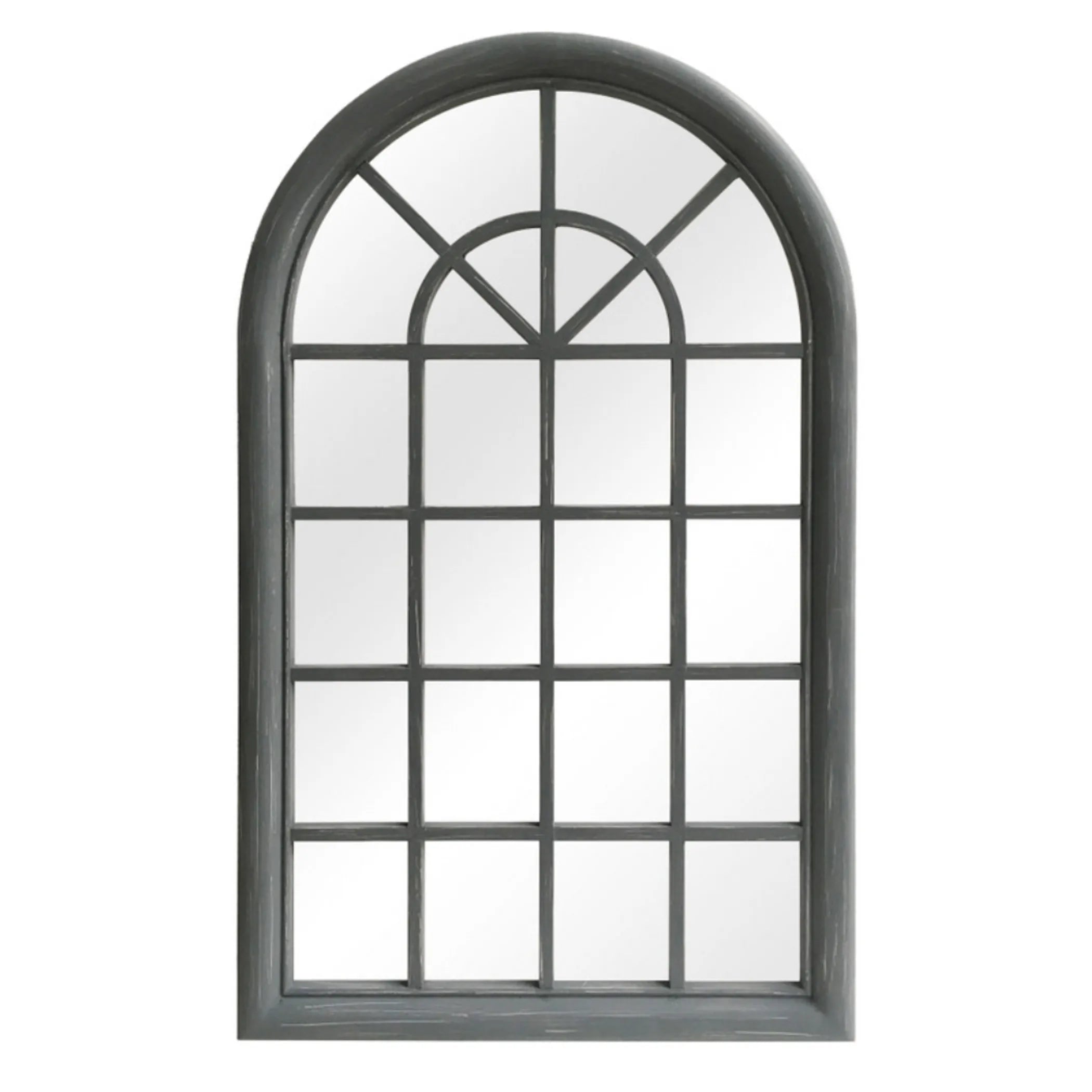 Decorative gray arched window pane mirror with grid design on a white background