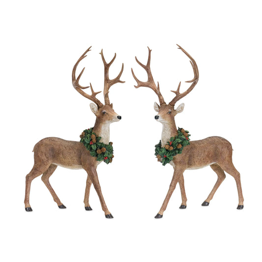 Deer w/Wreath (Set of 2) 16"L x 28"H, 17"L x 28.5"H Resin