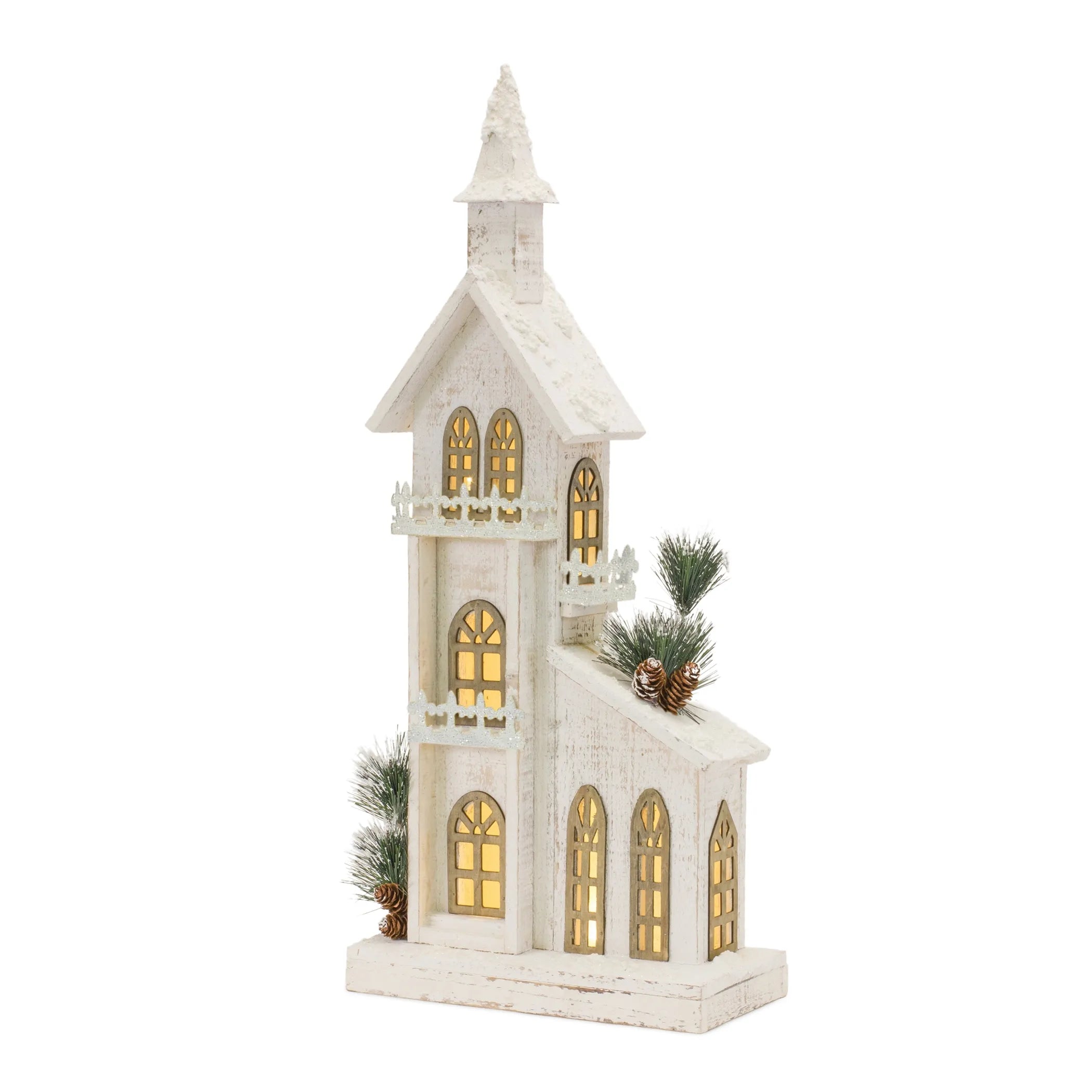 LED Lighted Winter Church Display  - Size: 27"H | Pack Of: 1 unit | Materials: Fir wood | Décor  style: Rustic