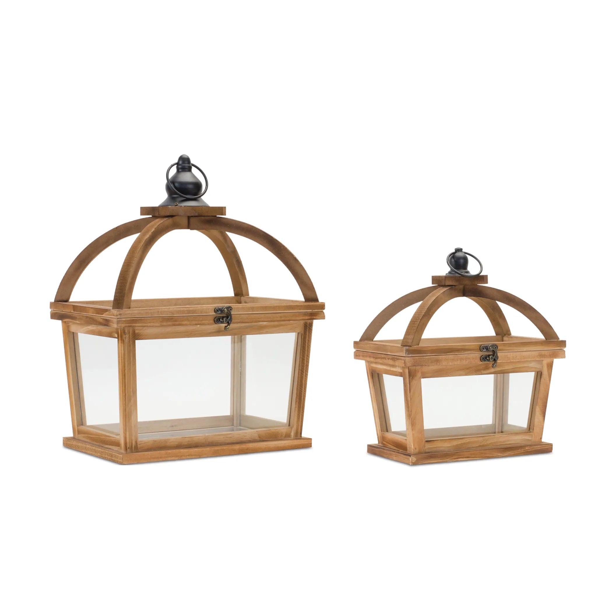 Tapered Wood Lantern with Open Lid  - Pack Of: Set of 2 | Materials: Wood; glass | Décor  style: Modern