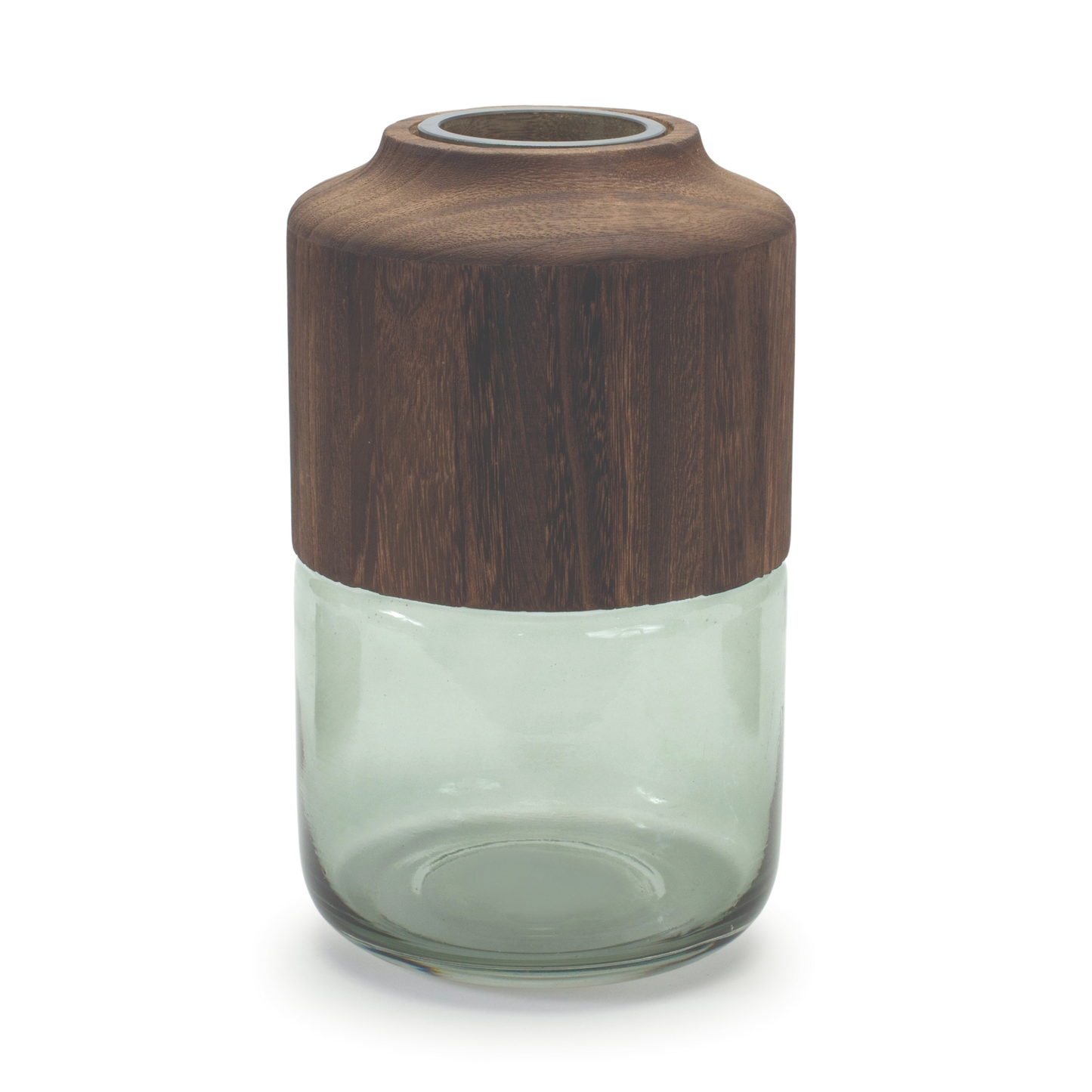 Sage Glass Vase with Wood Accent 11"H - Pack Of: 1 unit | Materials: Glass, wood | Colors: Green; brown | Décor  style: Modern