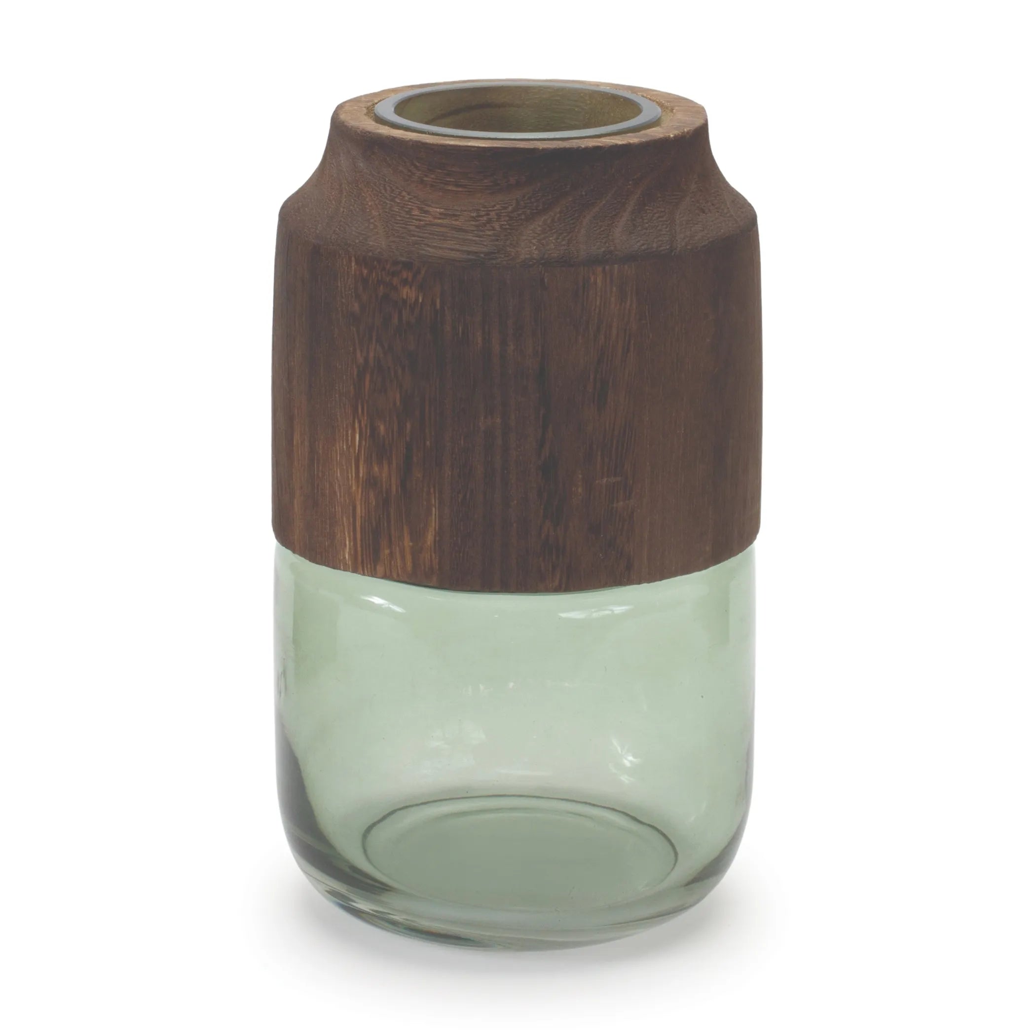 Sage Glass Vase with Wood Accent 11"H - Pack Of: 1 unit | Materials: Glass, wood | Colors: Green; brown | Décor  style: Modern