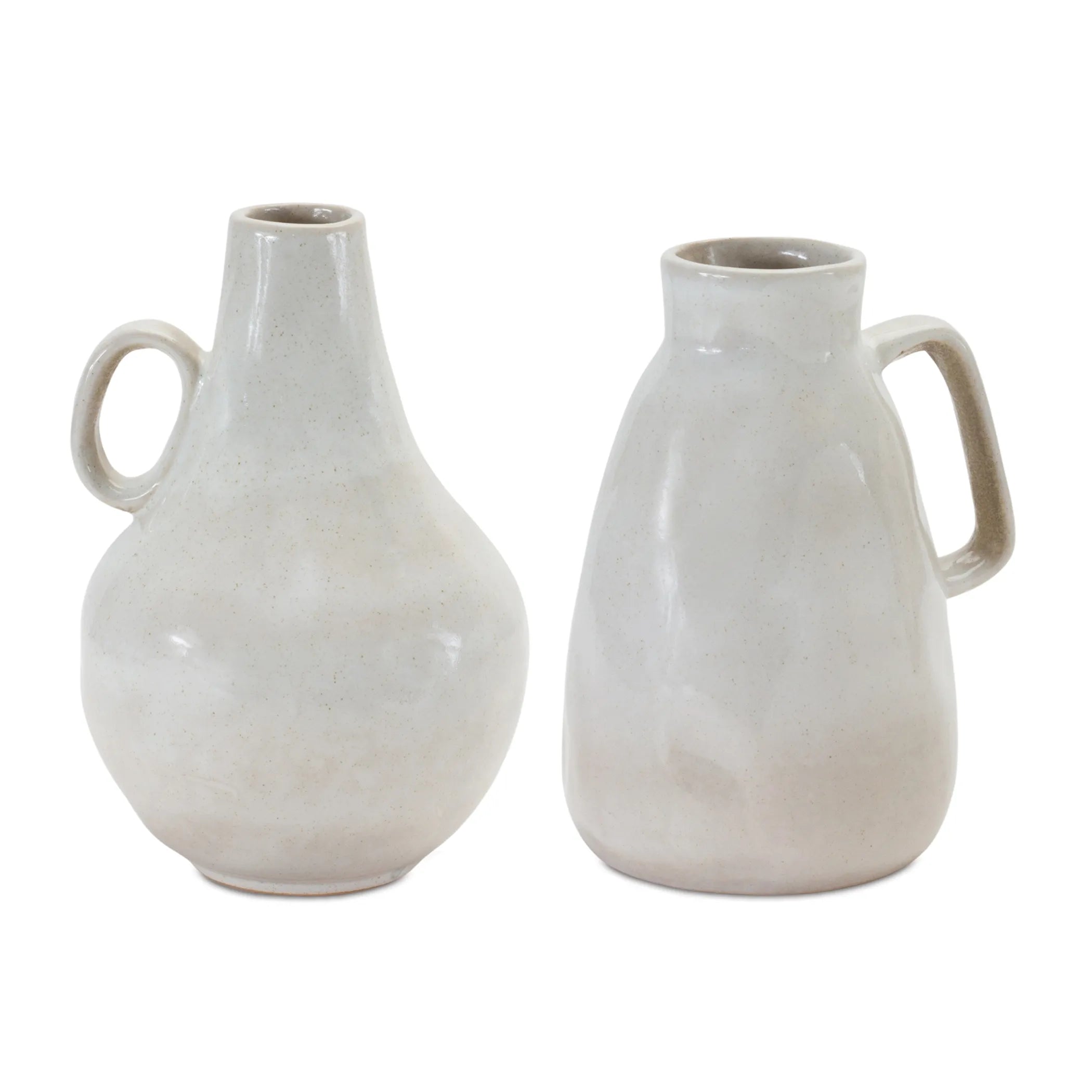 Two white ceramic vases with handles on a white background