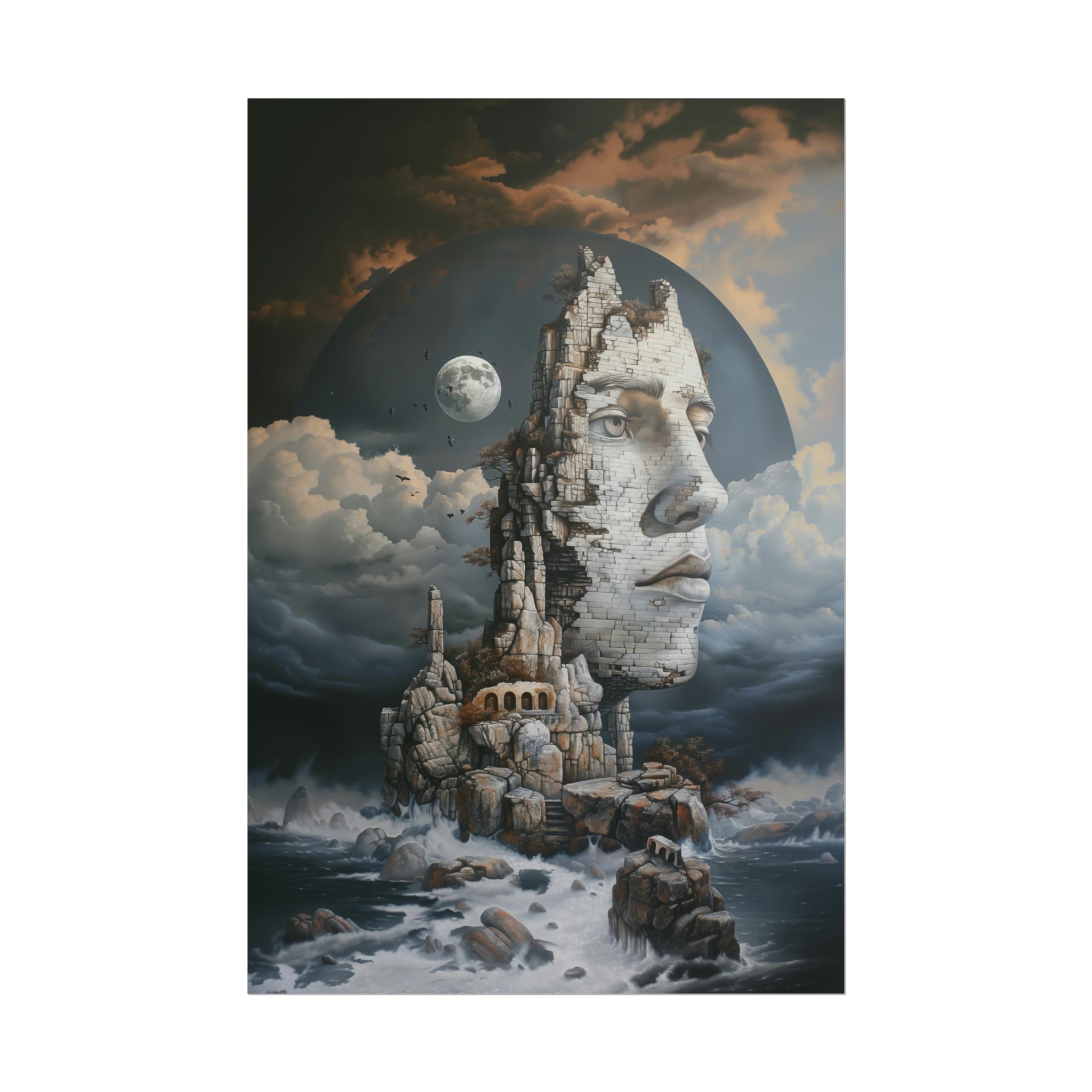 Surrealism Wall Art Print - Pensive Face in Ancient Ruins