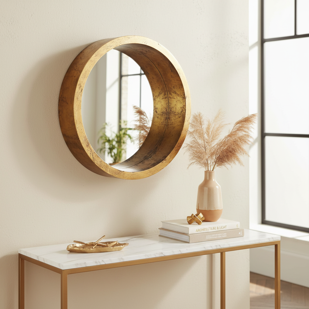 Round wooden mirror on a wall above a marble console table with decorative items.