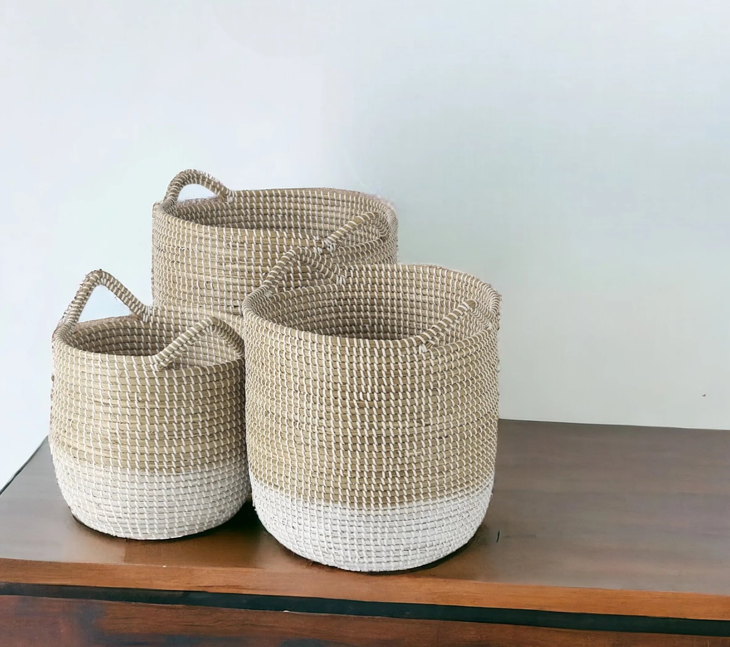 Set of Three Beige & White Wicker Storage Baskets