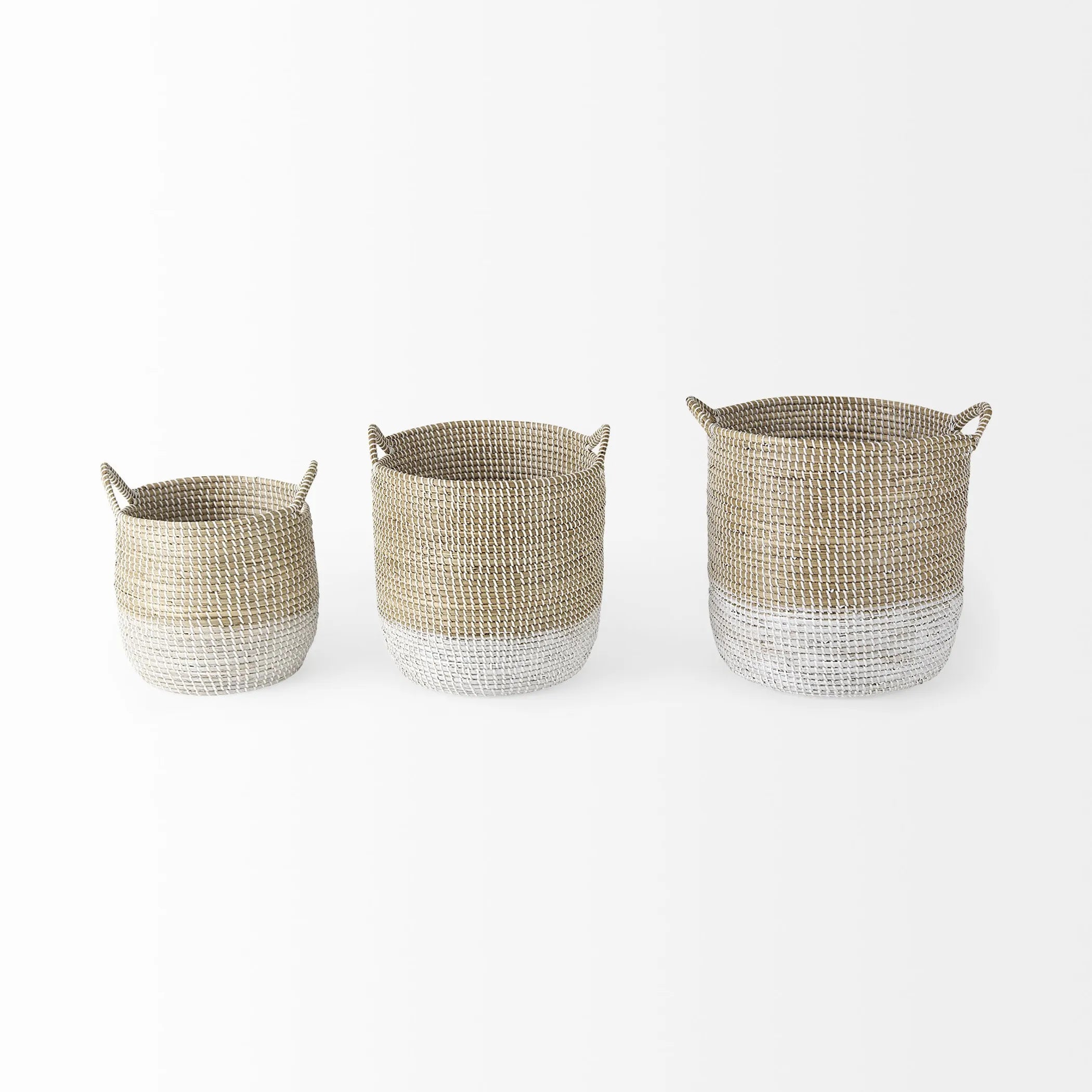 Set of Three Beige & White Wicker Storage Baskets