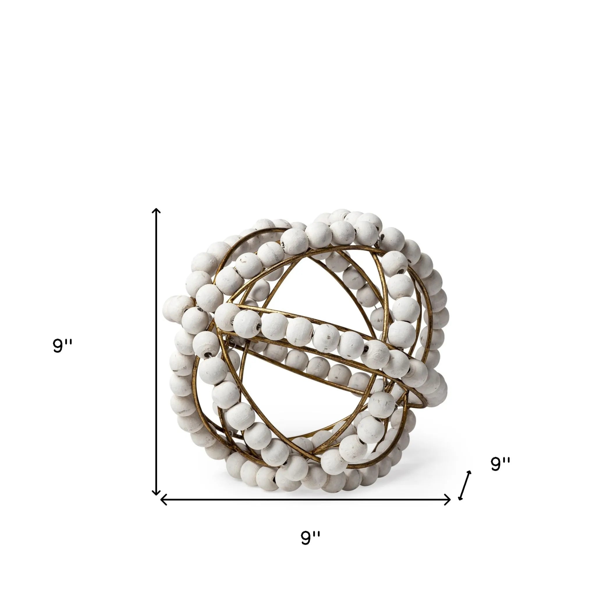 Decorative spherical object with white beads and gold wire on a white background with dimensions indicated.