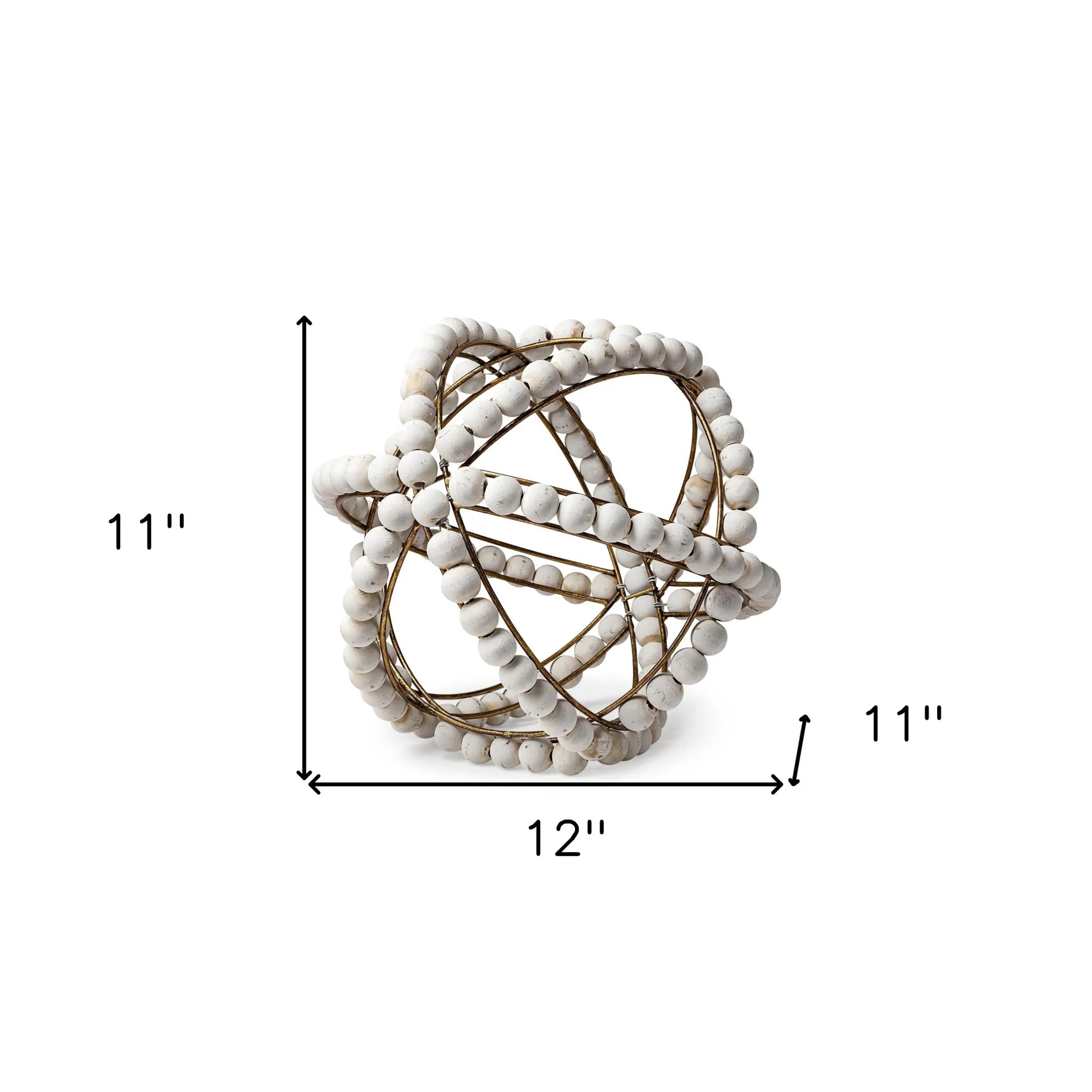 Decorative spherical object with measurements on a white background