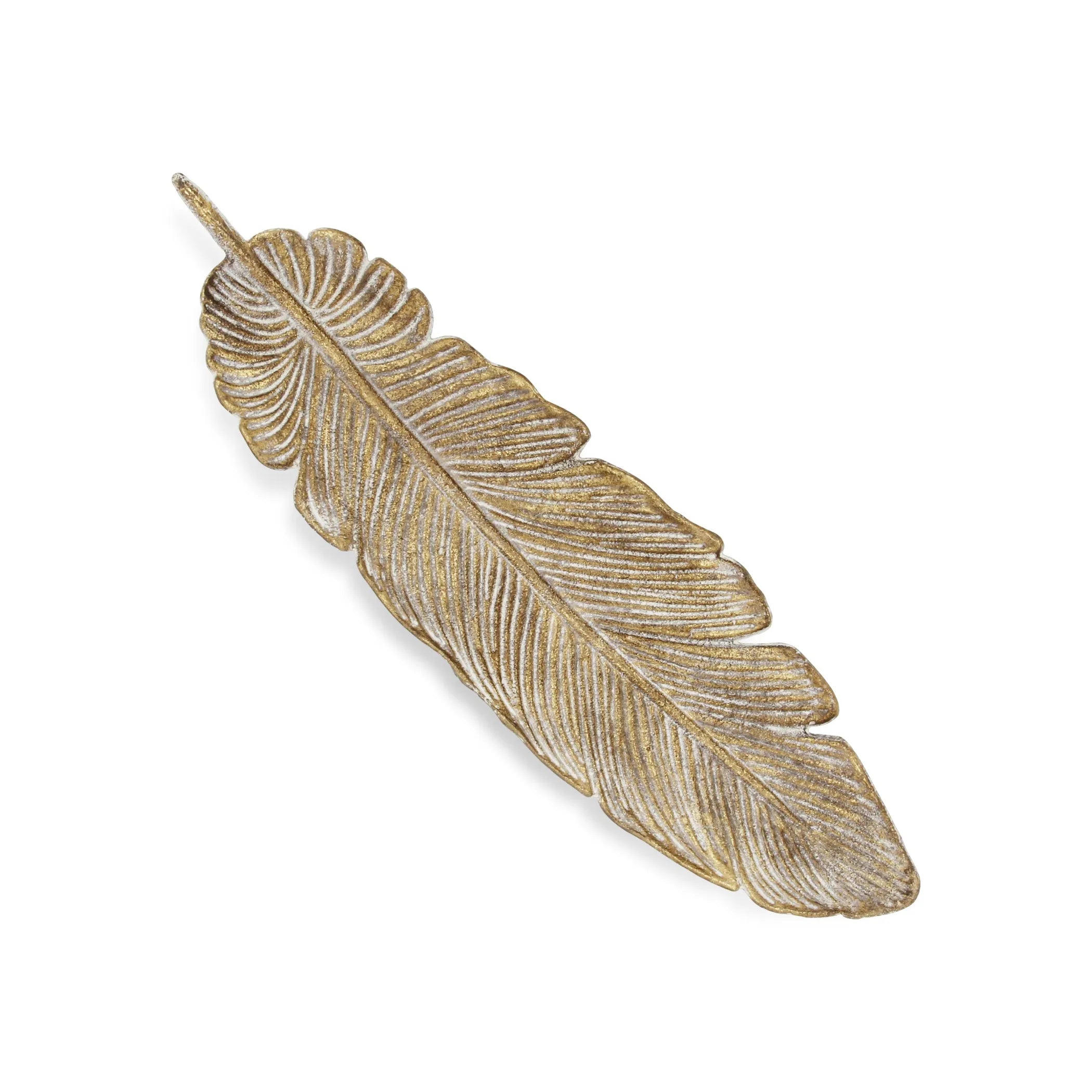 Gold feather decorative tray on a white background