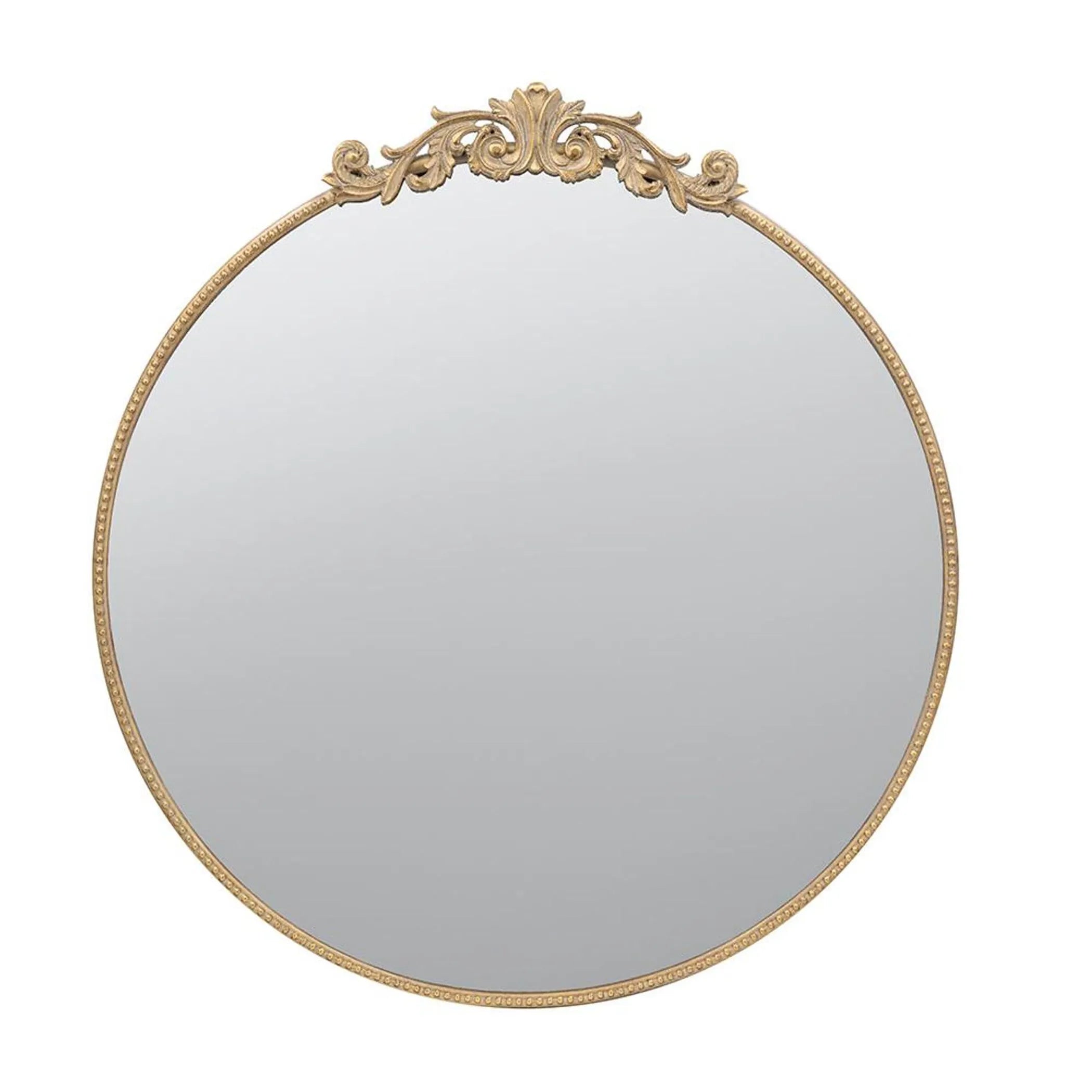 Round mirror with decorative gold frame on a white background
