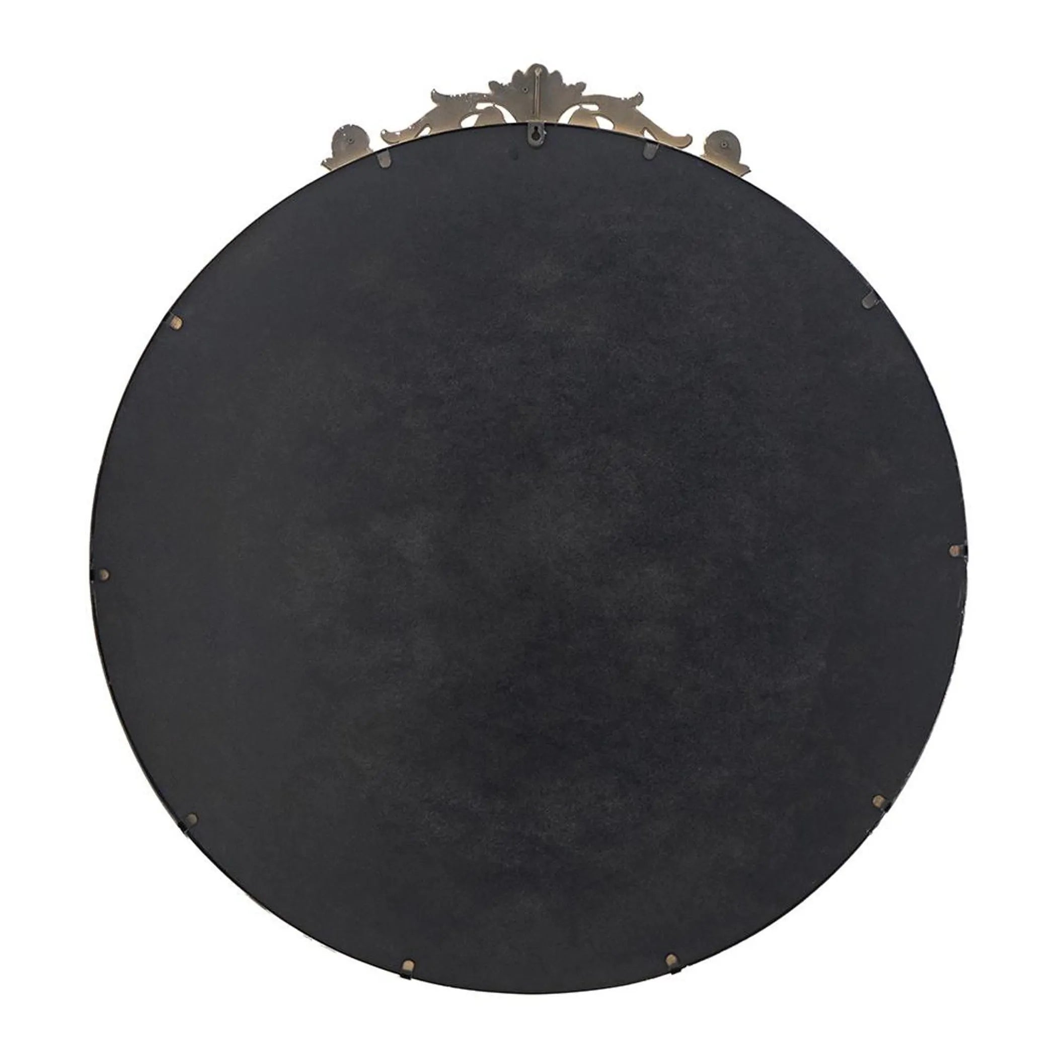 Back view of round mirror with decorative gold frame on a white background