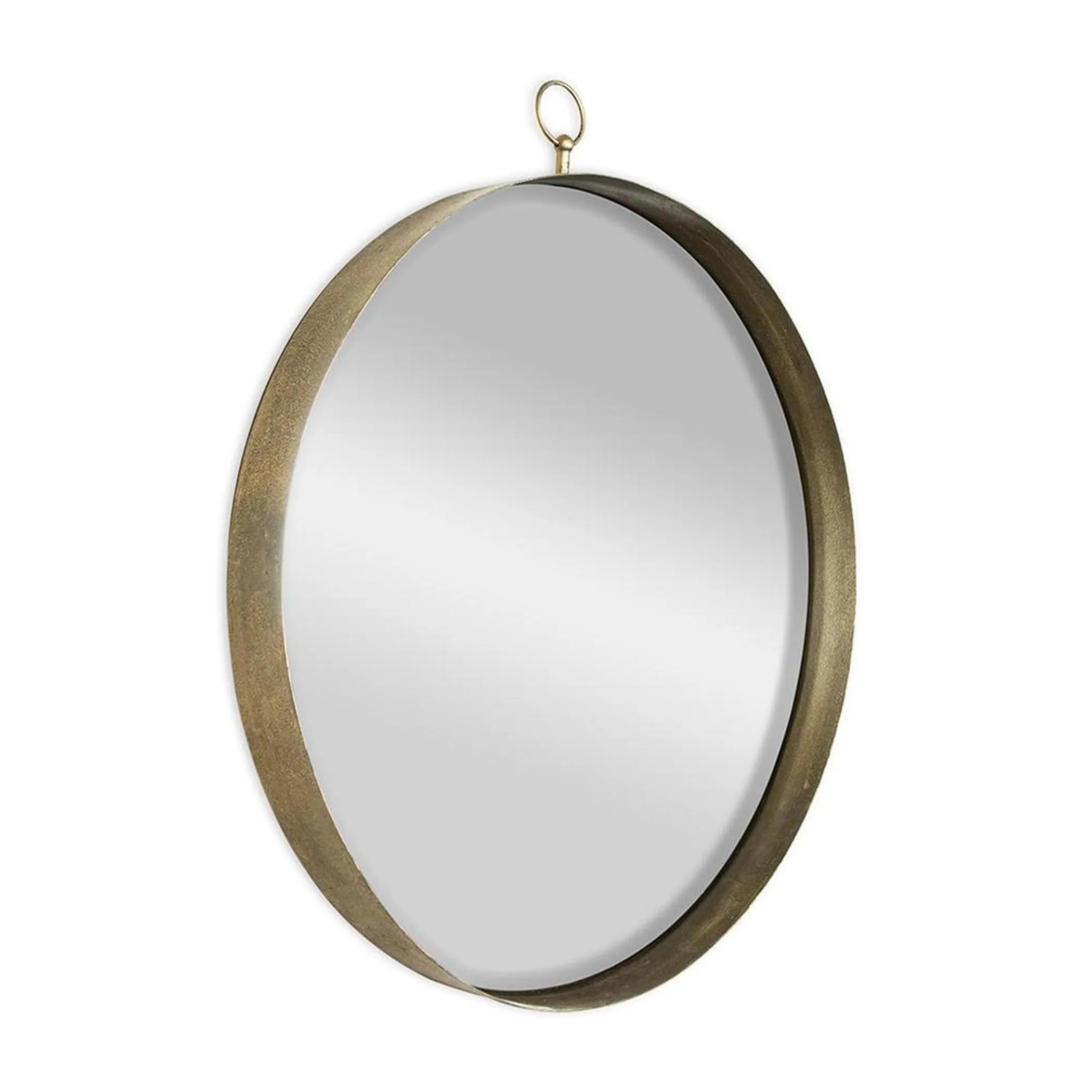 Round mirror with a gold frame on a white background
