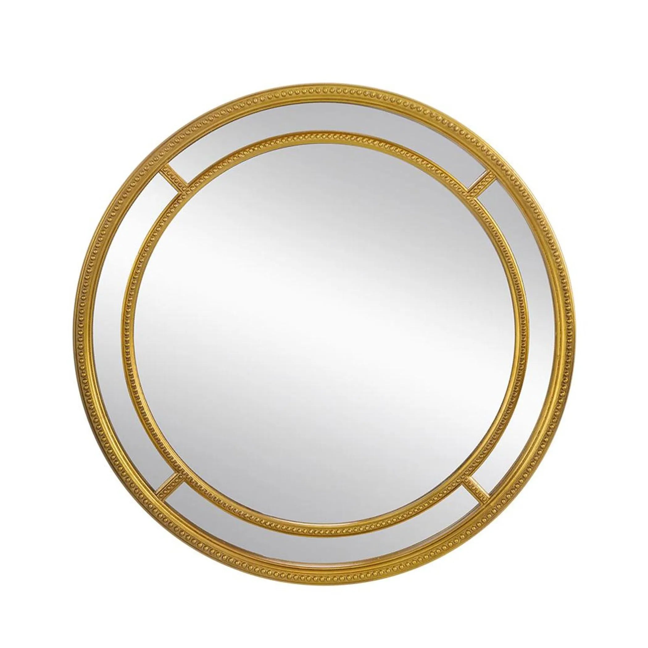 Round mirror with a gold frame on a white background