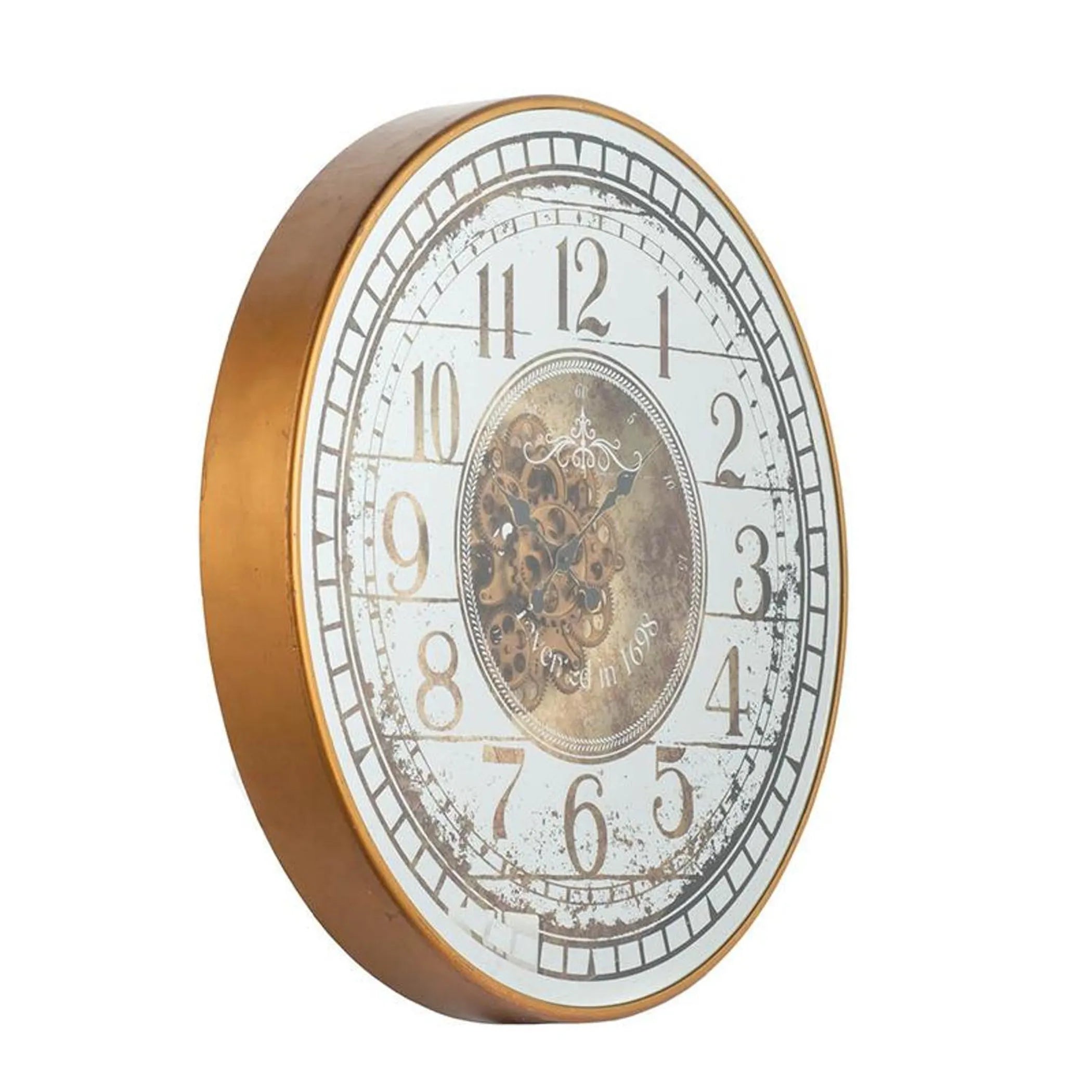 Decorative wall clock with gold frame and detailed face on a white background