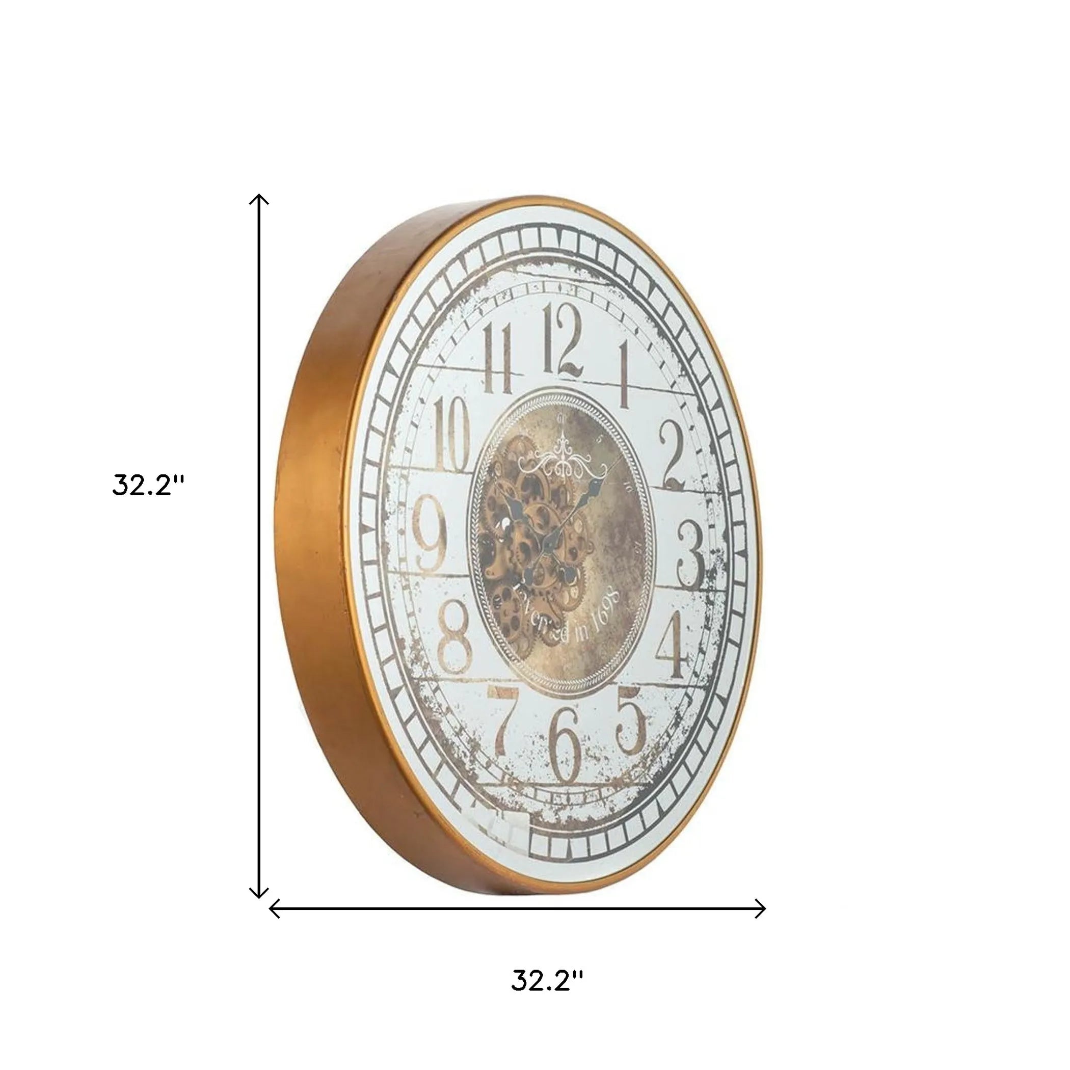 Wall clock with gold frame and white face, showing measurements on a white background