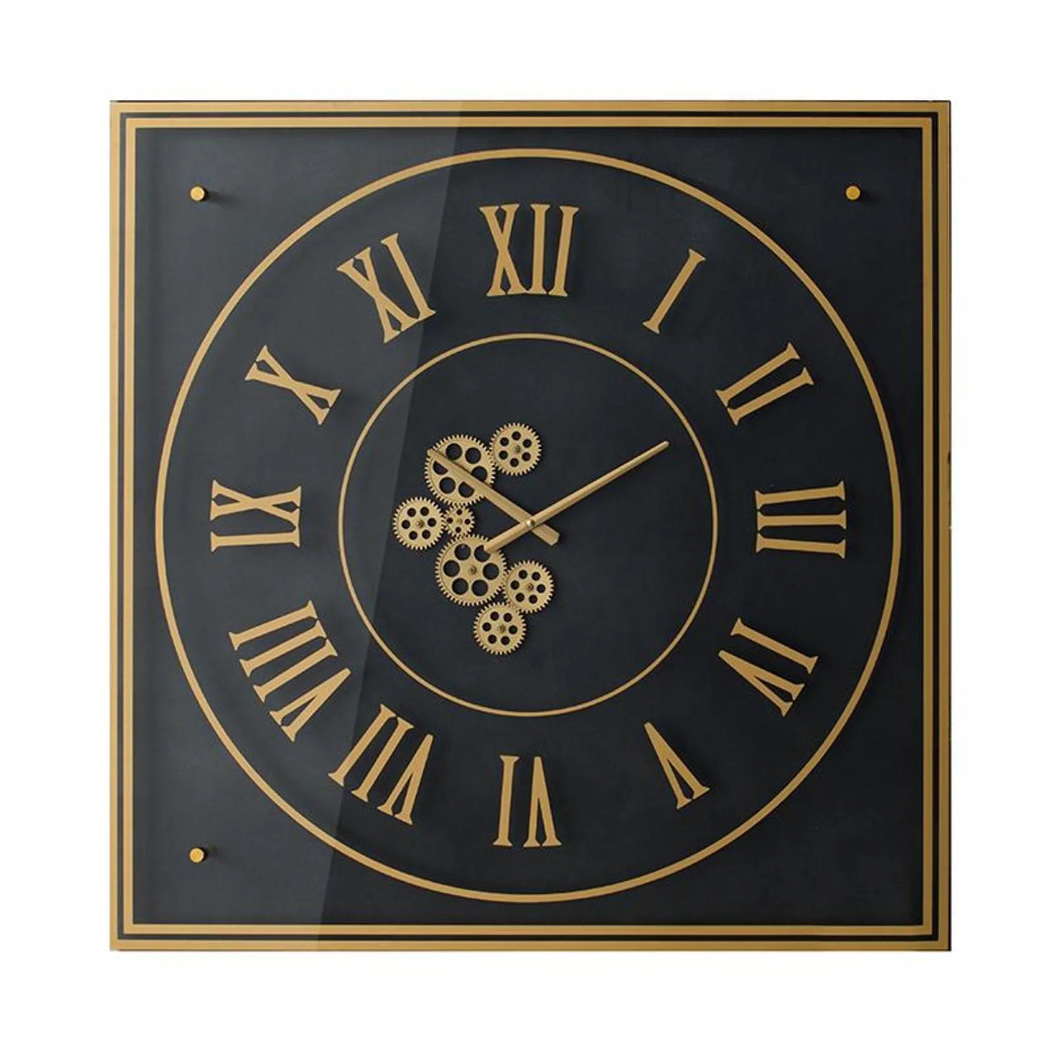Decorative wall clock with gold Roman numerals and gear design on a black background
