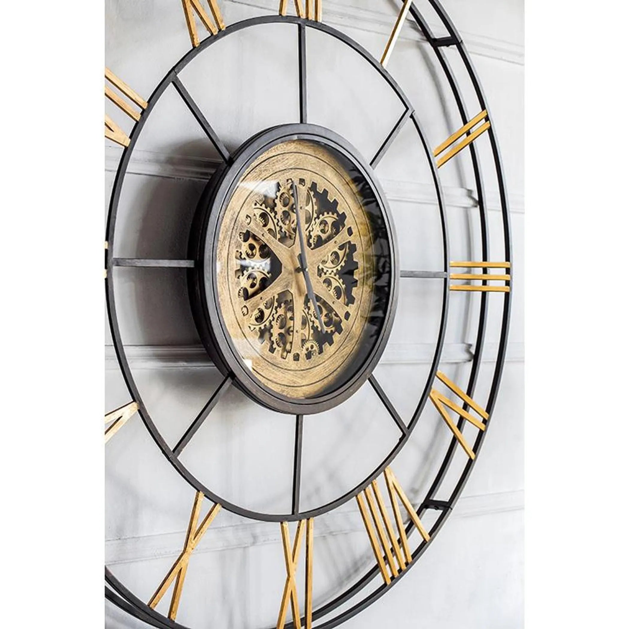 56" Circle Copper Metal and Glass Analog Exposed Gear Wall Clock – Large Statement Wall Clock