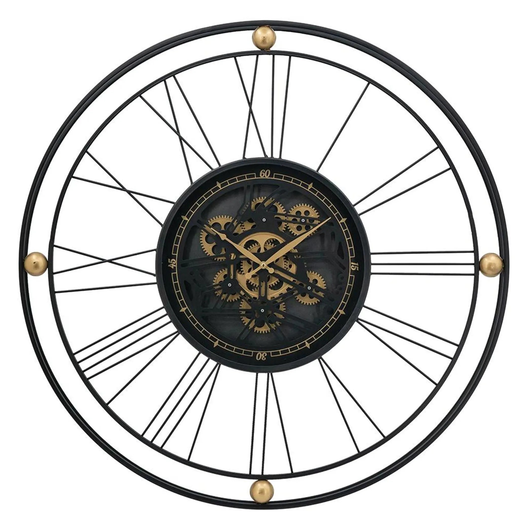 32" Round Black & Gold Exposed Gear Wall Clock – Metal & Glass Analog Design