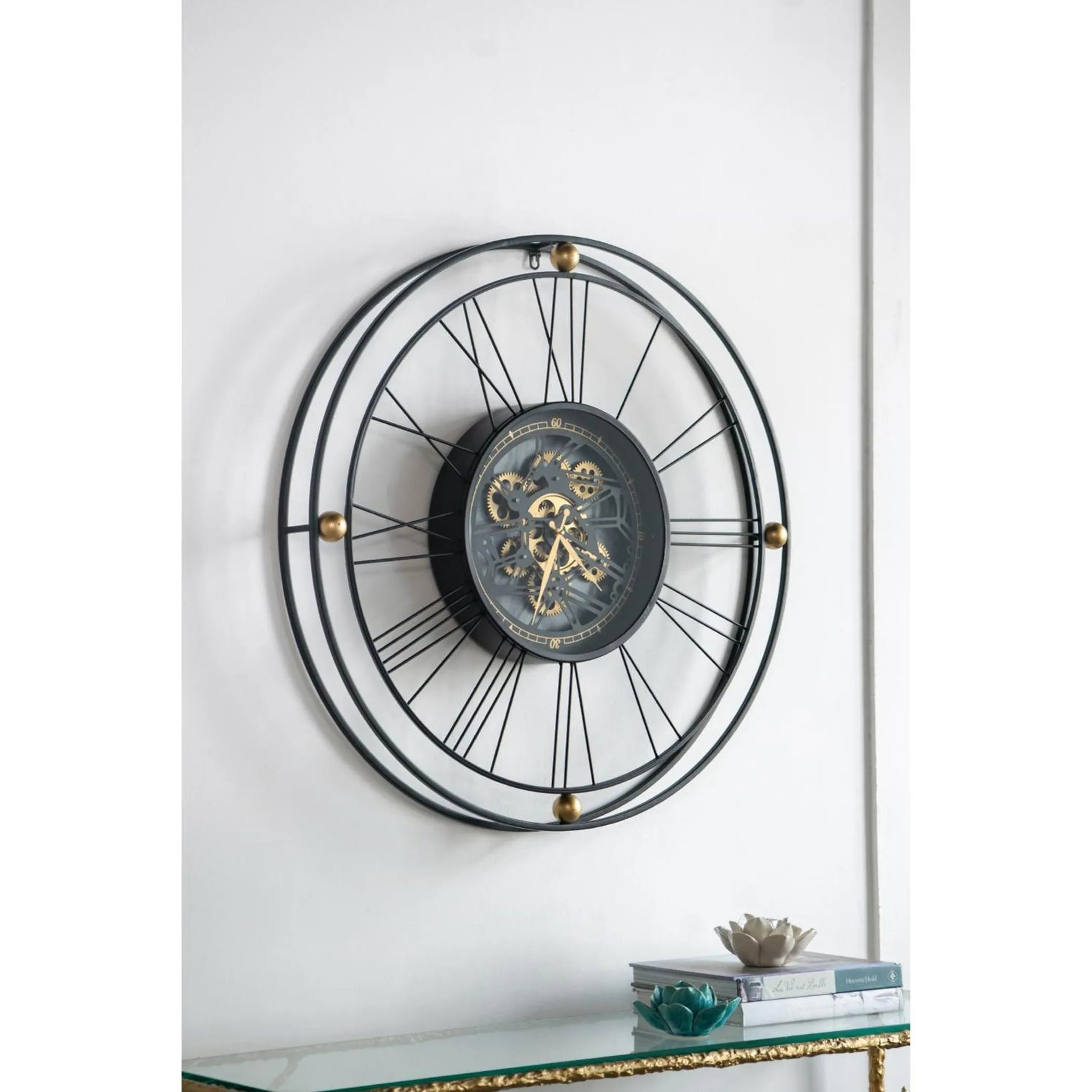 32" Round Black & Gold Exposed Gear Wall Clock – Metal & Glass Analog Design