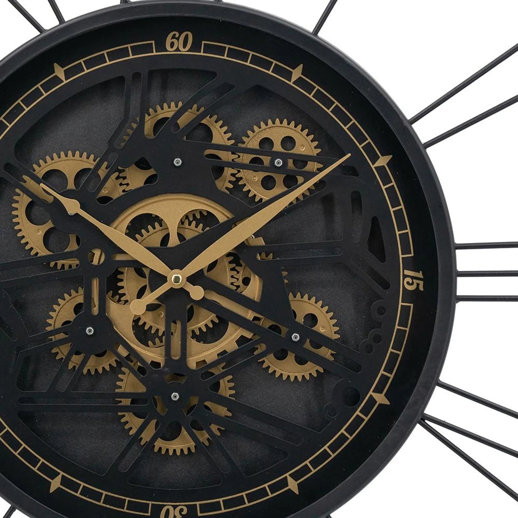 32" Round Black & Gold Exposed Gear Wall Clock – Metal & Glass Analog Design
