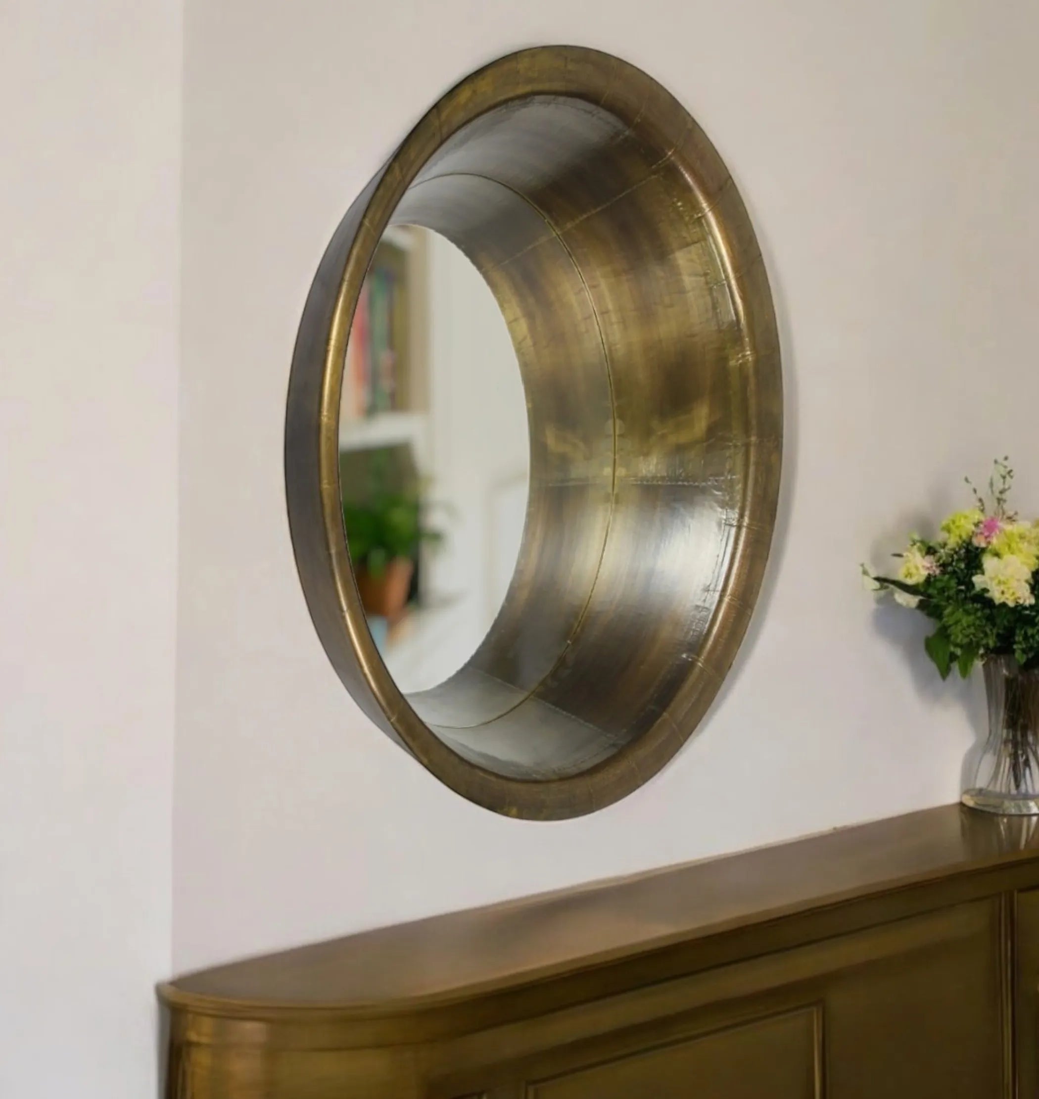 21" Brass Round Metal Framed Accent Mirror