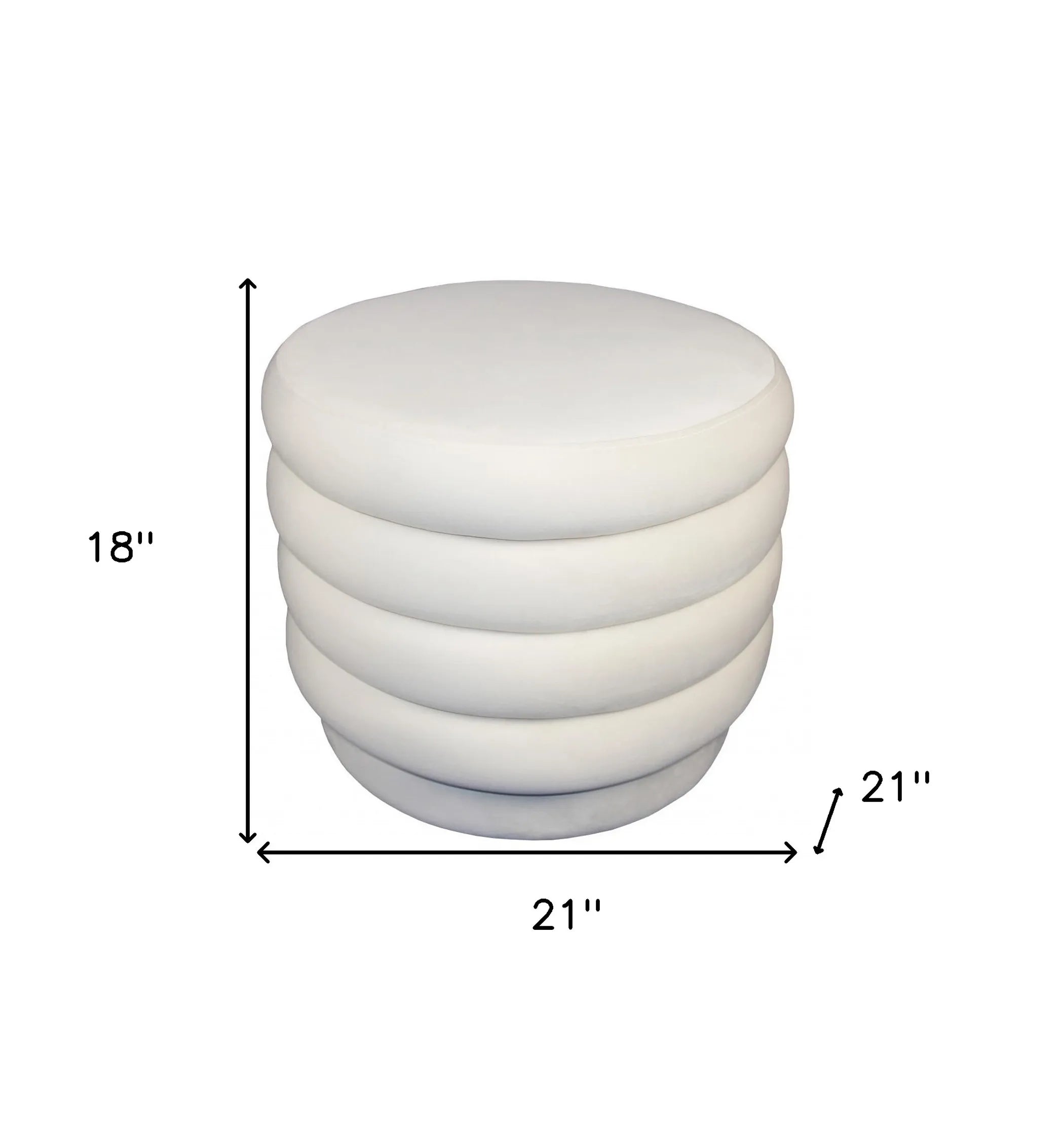 White cushioned stool with dimensions labeled on a white background