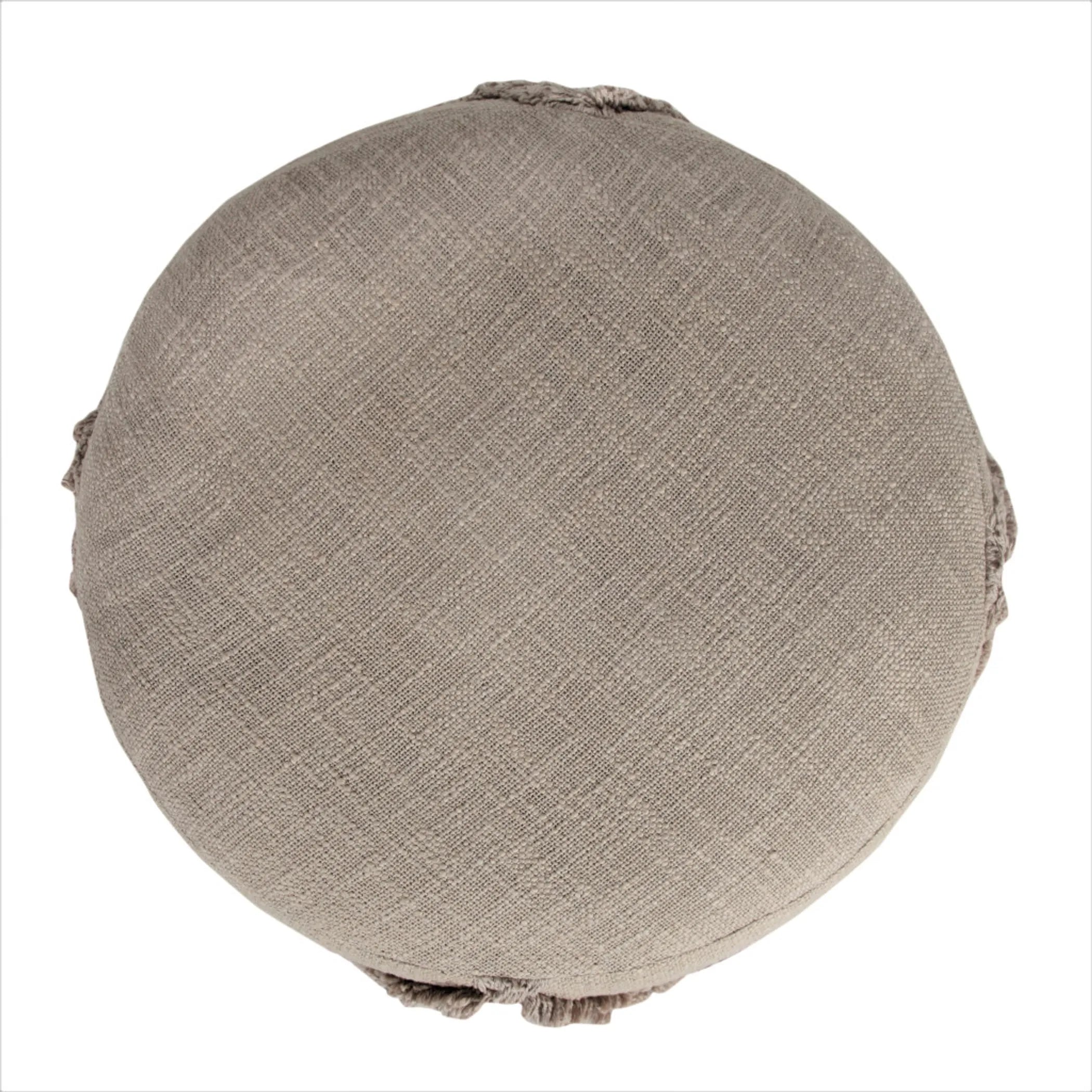 Round beige ottoman seen from above, with textured surface on a white background