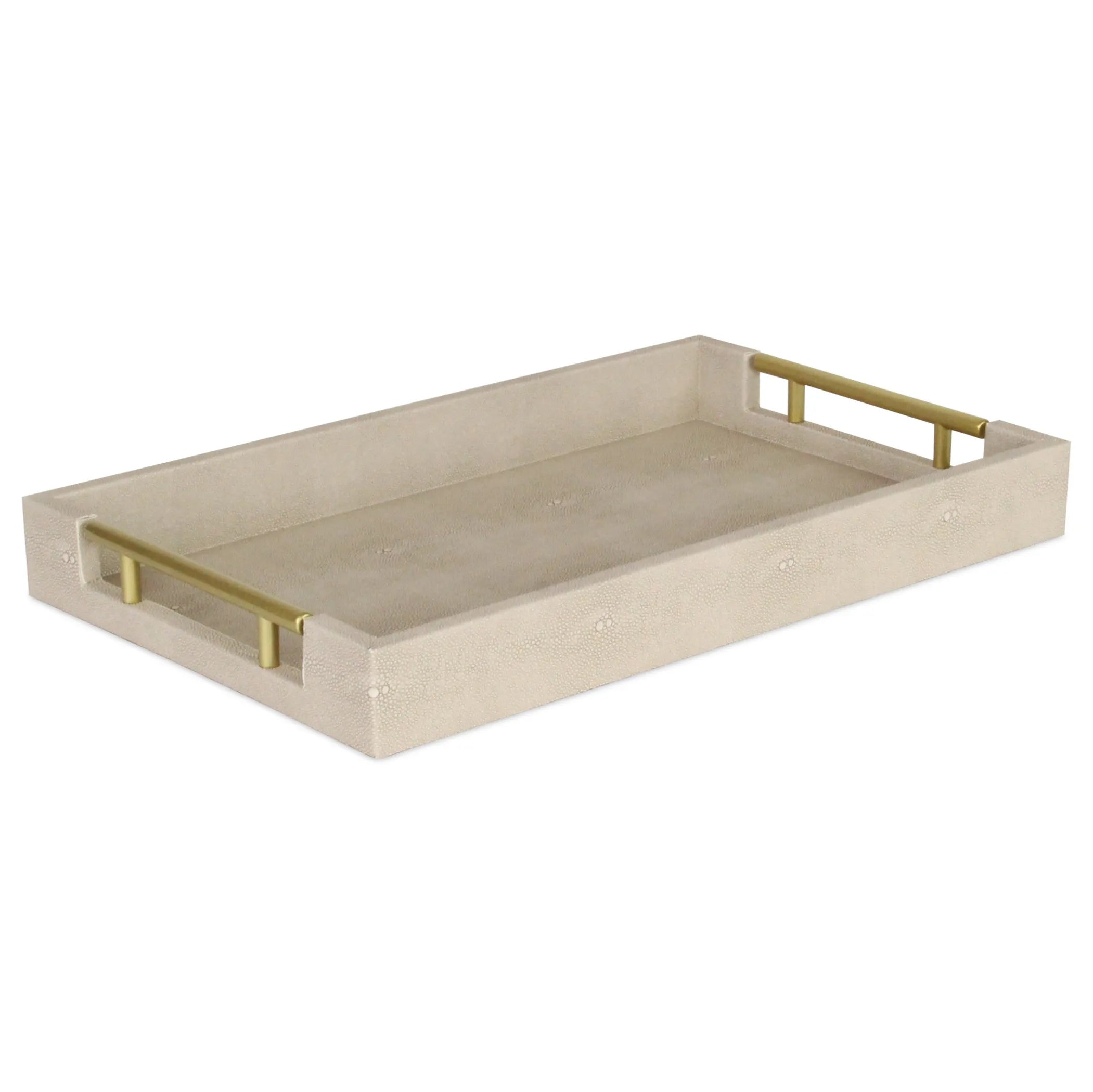 Beige tray with gold handles on a white background