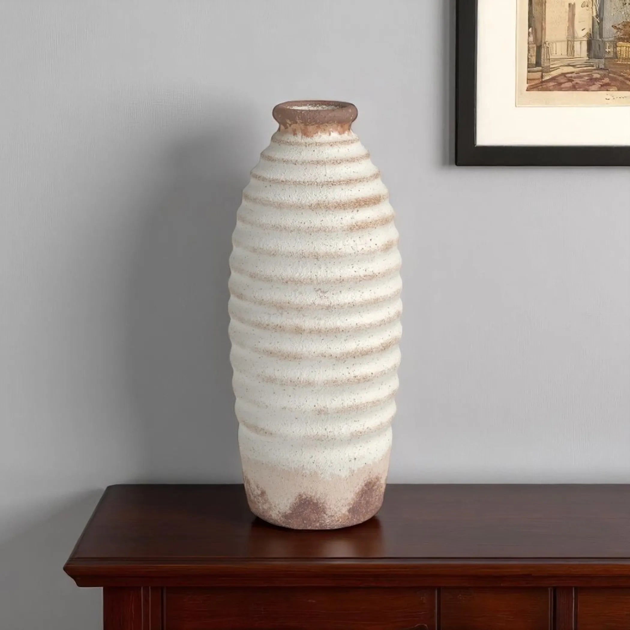 Ivory and Brown Round Ceramic Table Vase