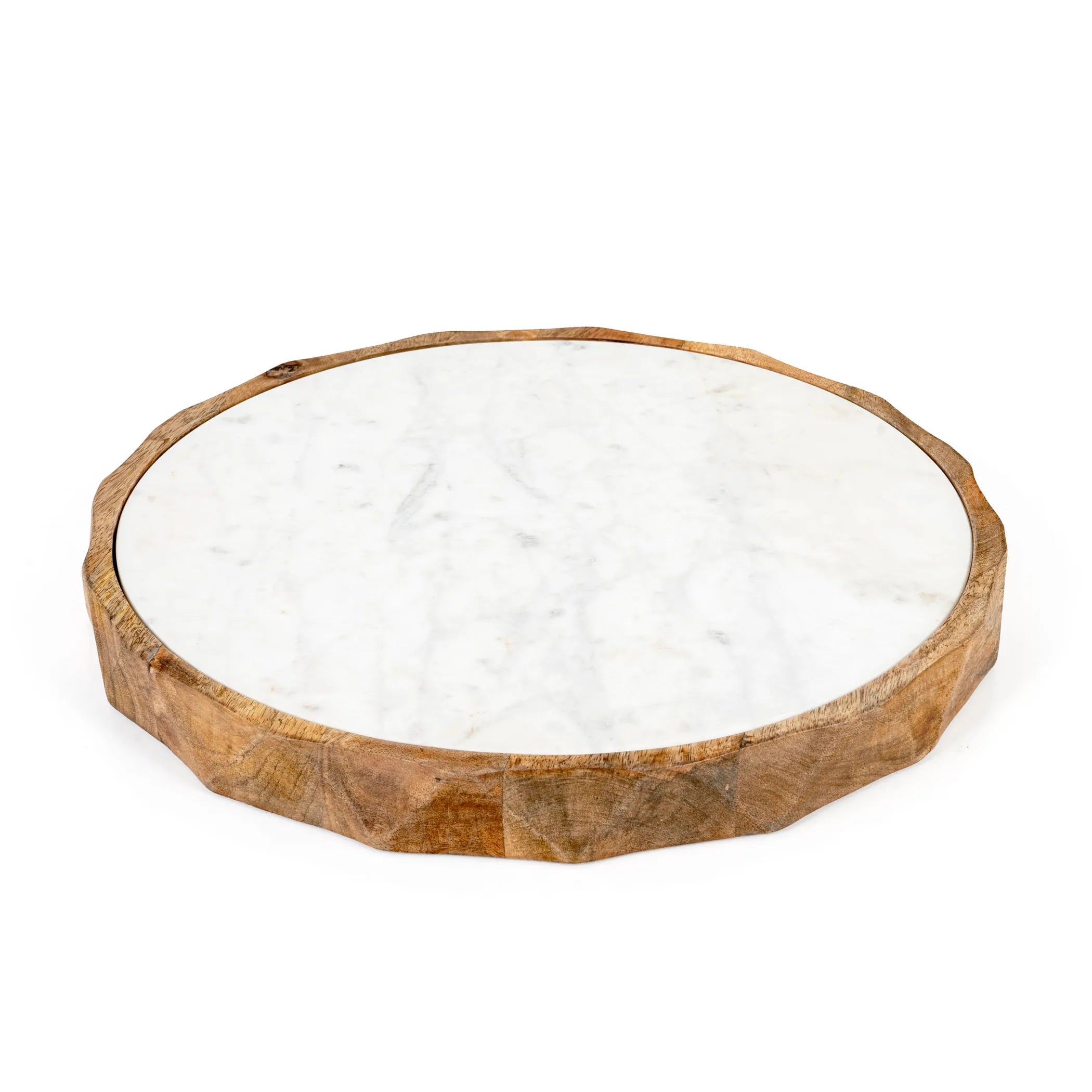 Round marble tray with mango wood edge on a white background
