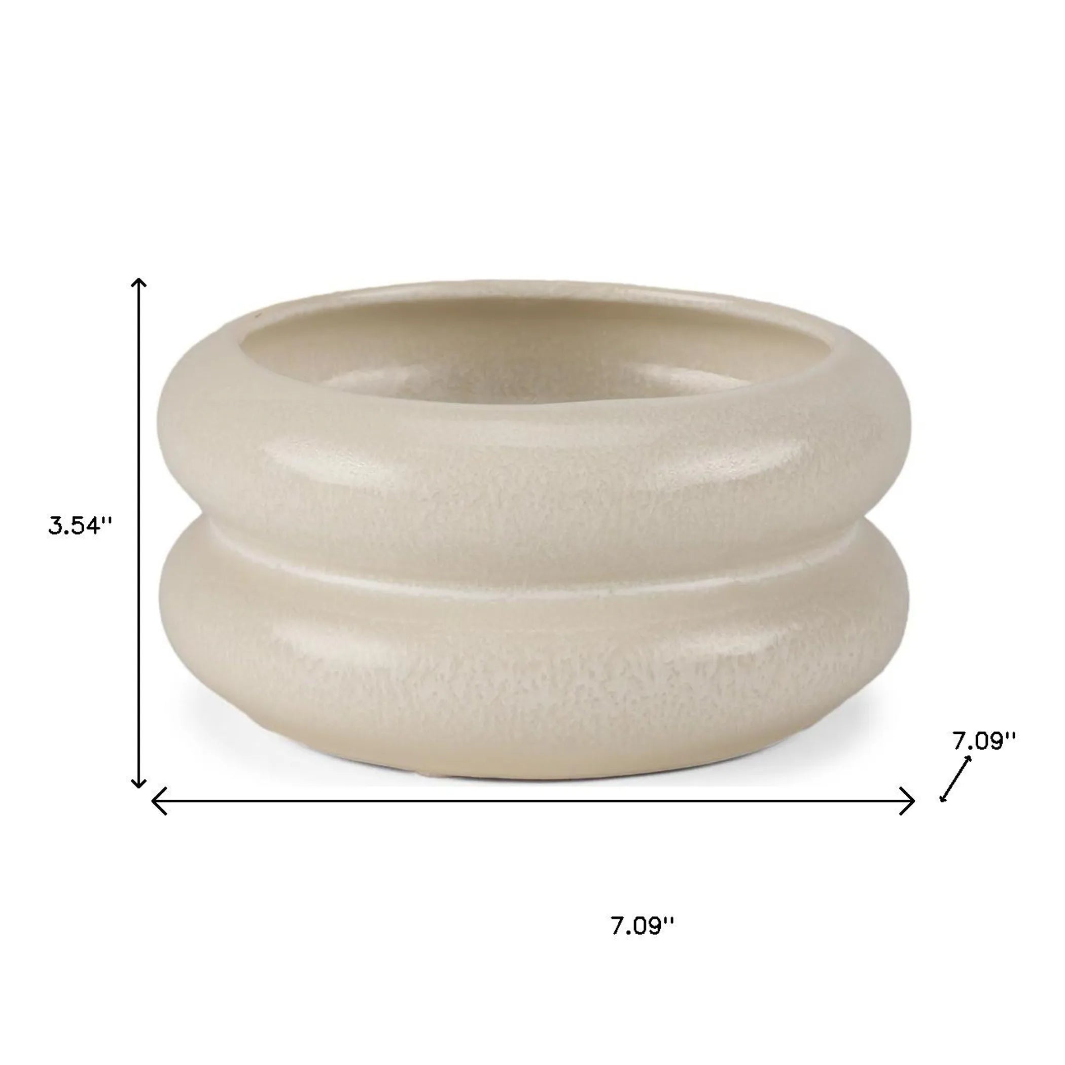 Beige ceramic planter with dimensions on a white background