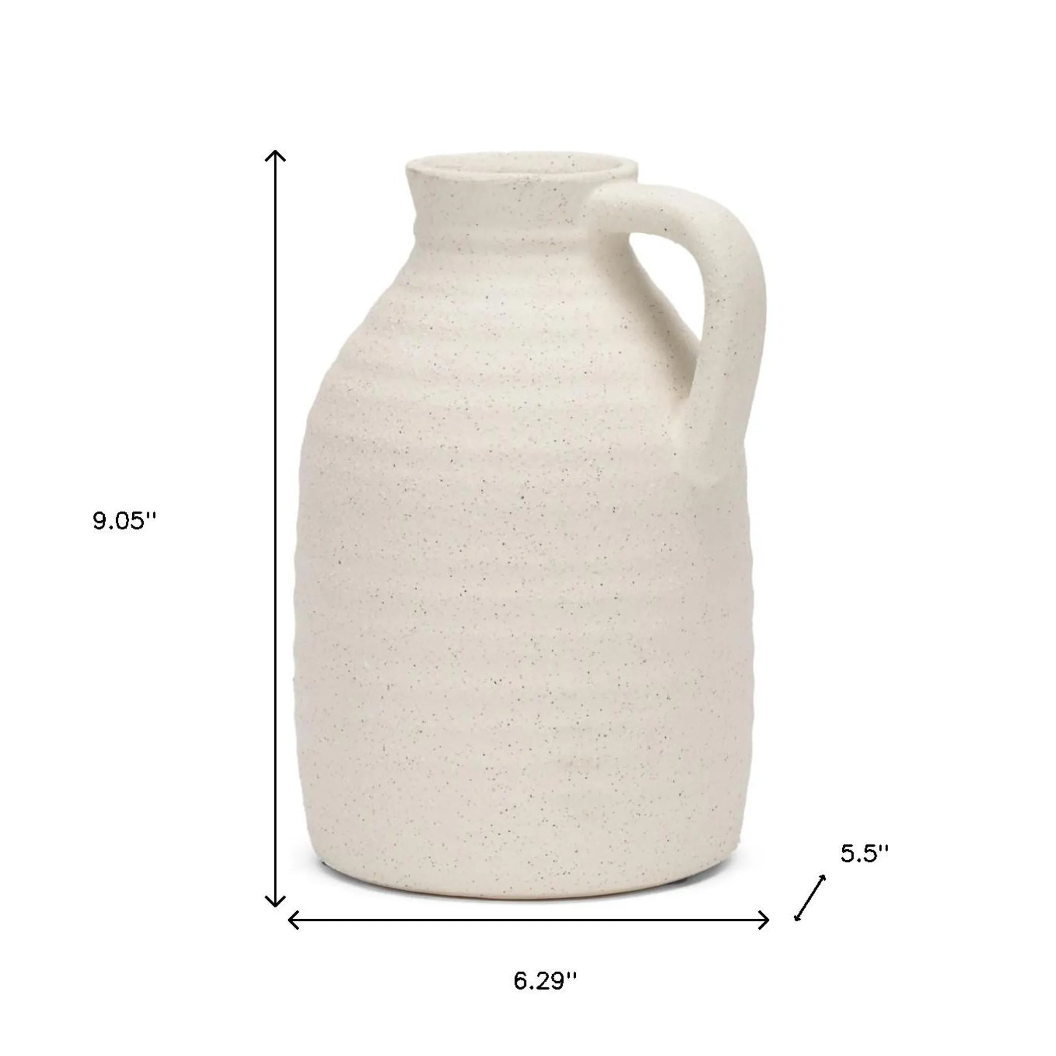 White ceramic pitcher with dimensions on a white background
