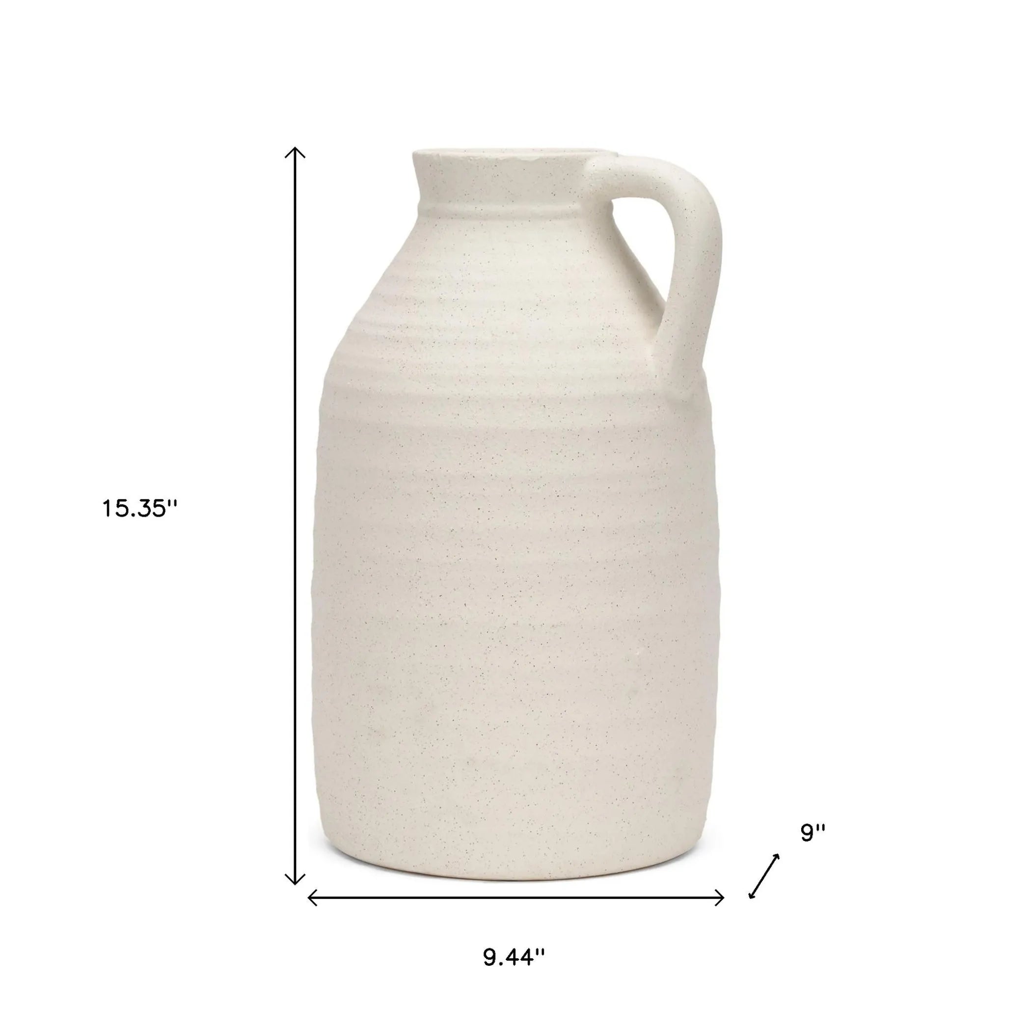White ceramic pitcher with dimensions on a white background