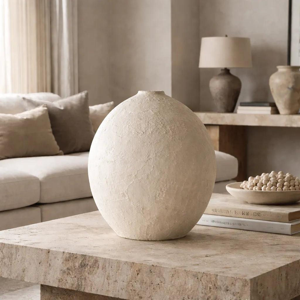 Large white textured ceramic vase styled on a travertine coffee table in a neutral restoration-style living room