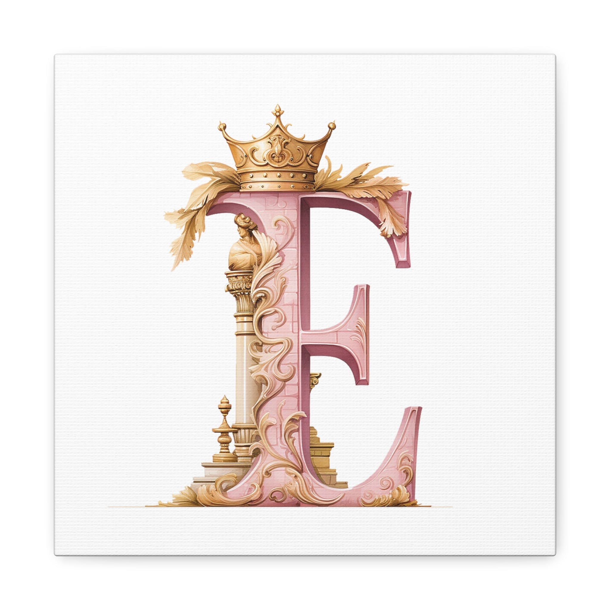 Monogram E Wall Art - Canvas Print Gallery Wrap - Single Initial Letter with Crown - Pink and Gold