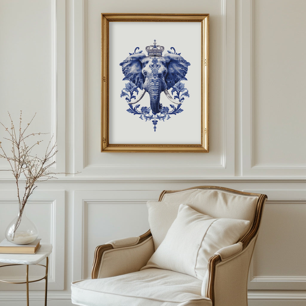 Chinoiserie Elephant Wall Art Print in Blue & White with Crown and Floral Accents