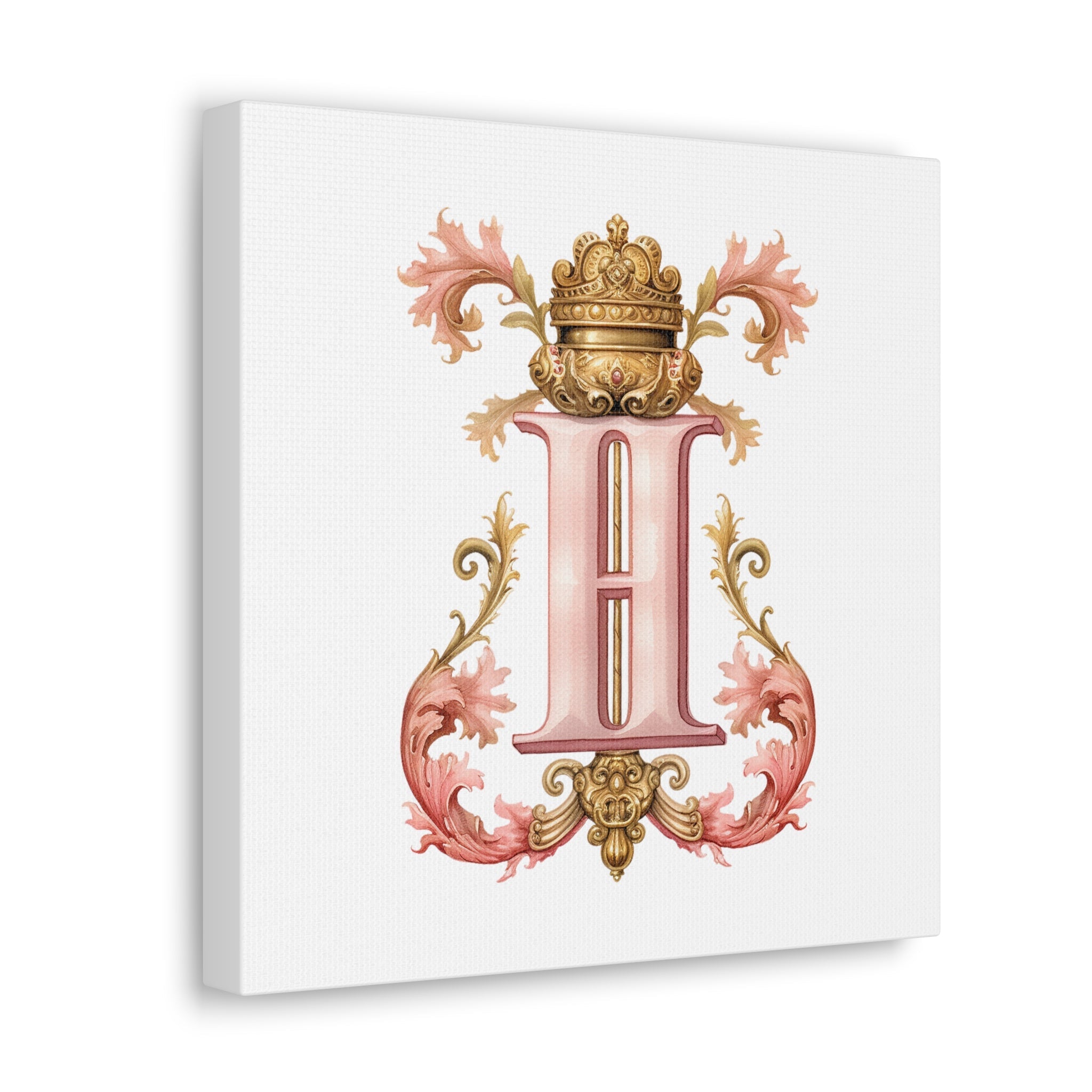 Monogram H Wall Art - Canvas Print Gallery Wrap - Single Initial Letter with Crown - Pink and Gold