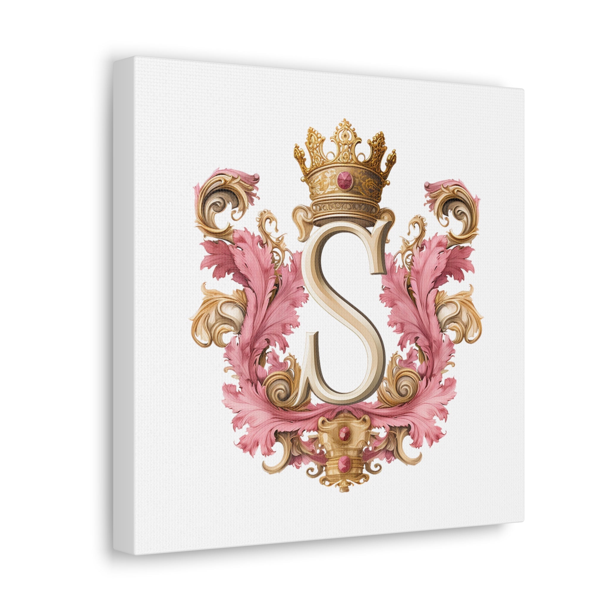 Monogram S Wall Art - Canvas Print Gallery Wrap - Single Initial Letter S with Crown - Pink and Gold