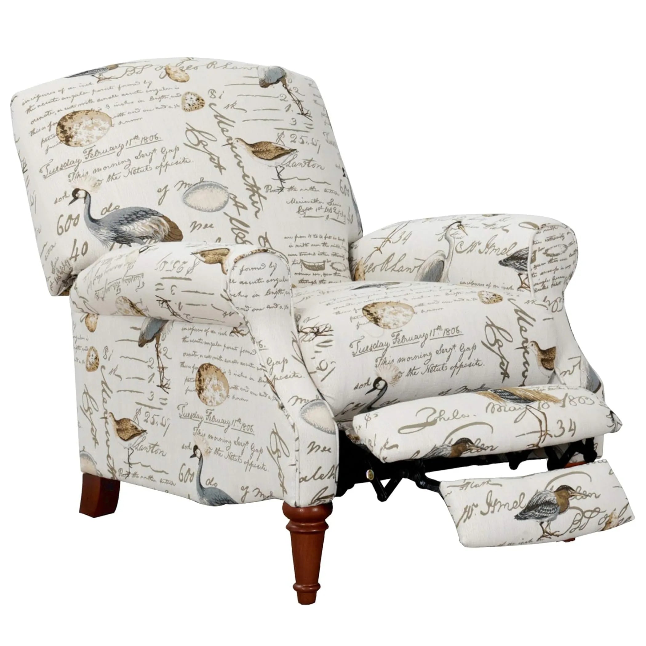 Patterned recliner chair with bird and script design on a white background showing reclining foot rest