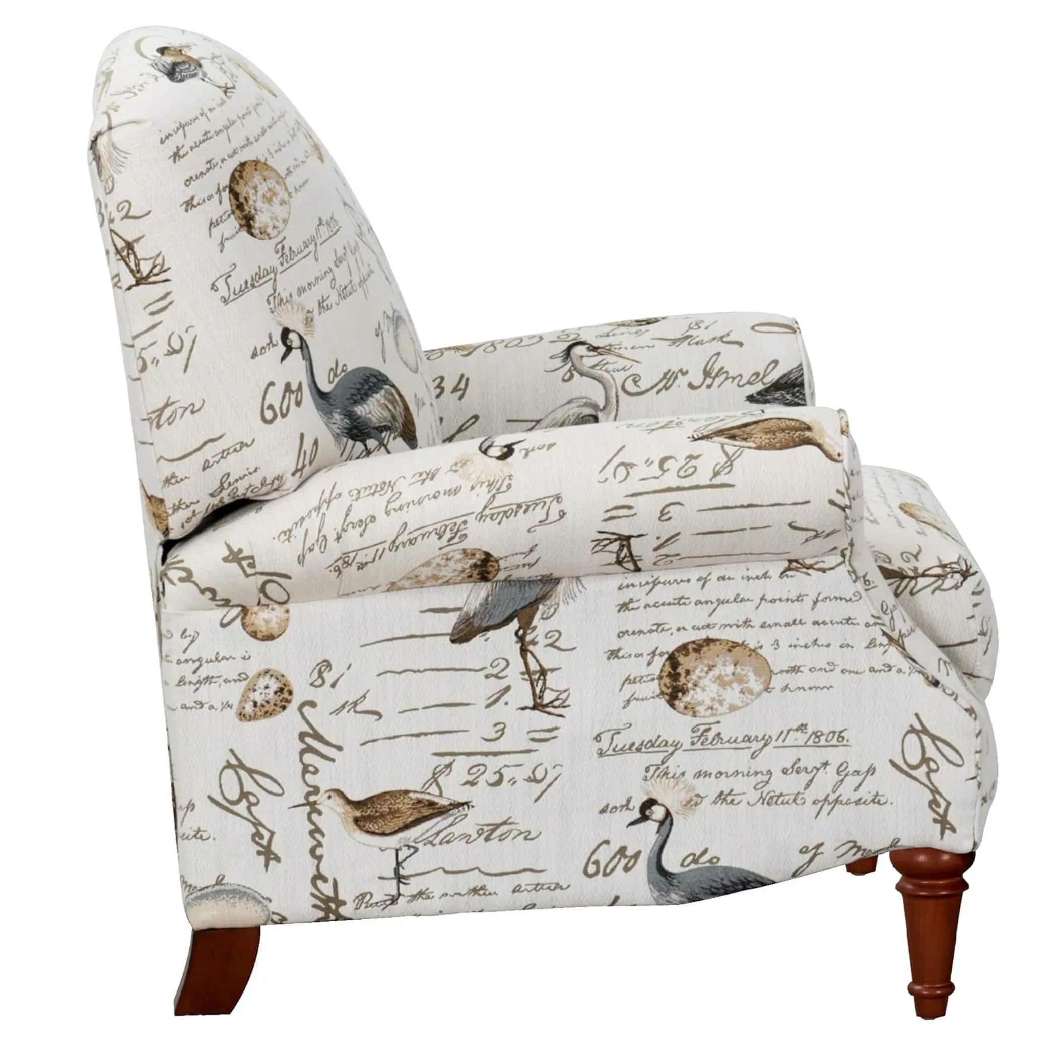 Chair with decorative fabric featuring birds and text on a white background