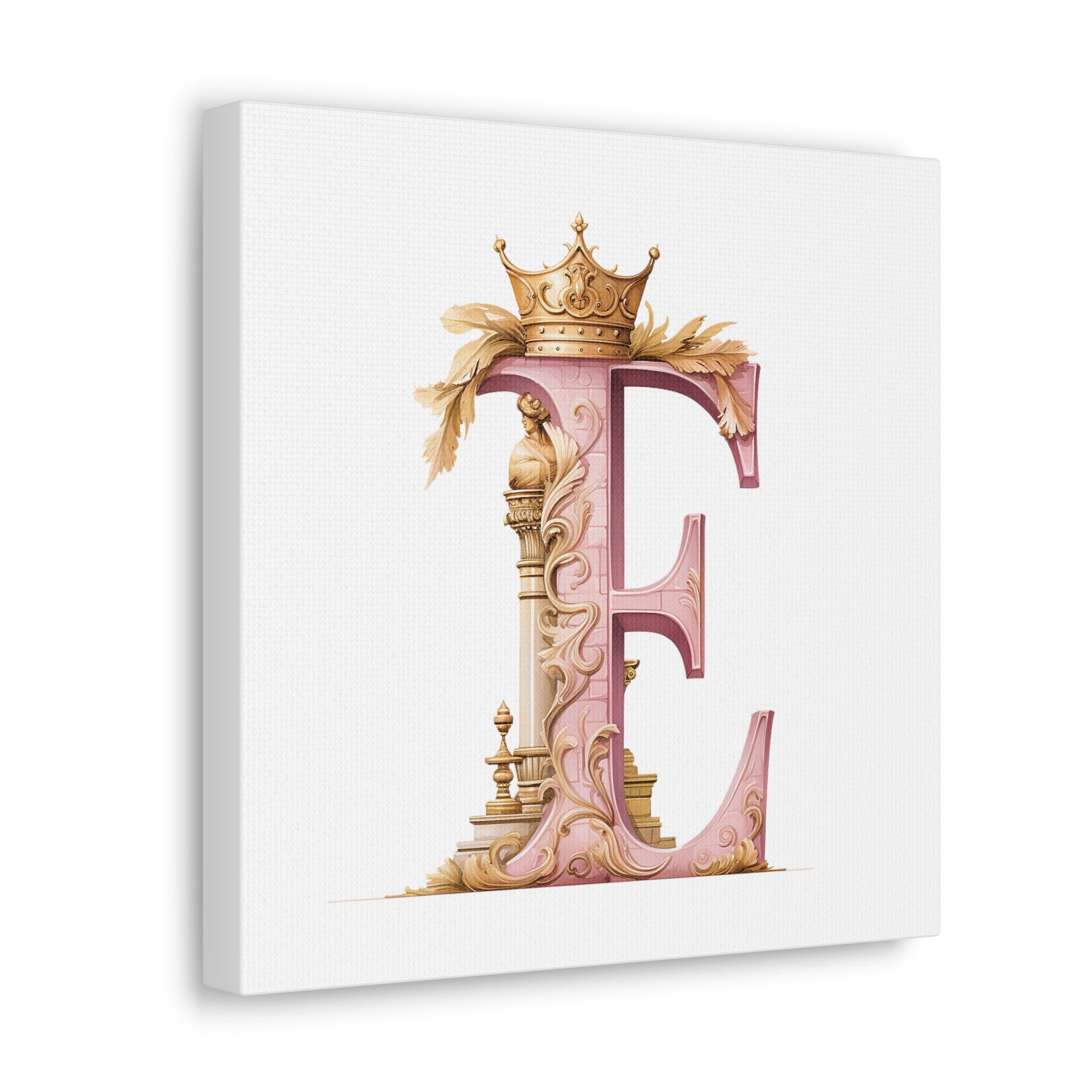 Monogram E Wall Art - Canvas Print Gallery Wrap - Single Initial Letter with Crown - Pink and Gold