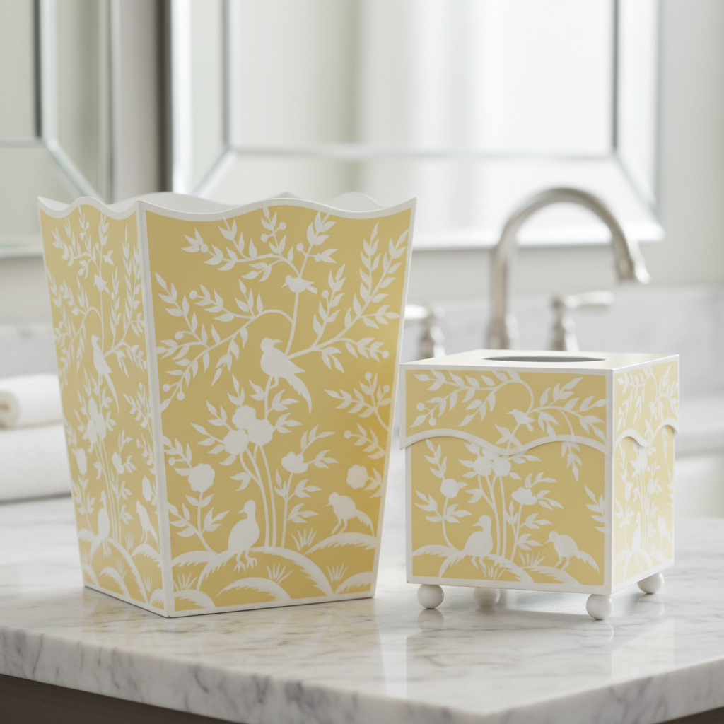 Yellow and white patterned wastebasket and tissue holder on a marble surface.
