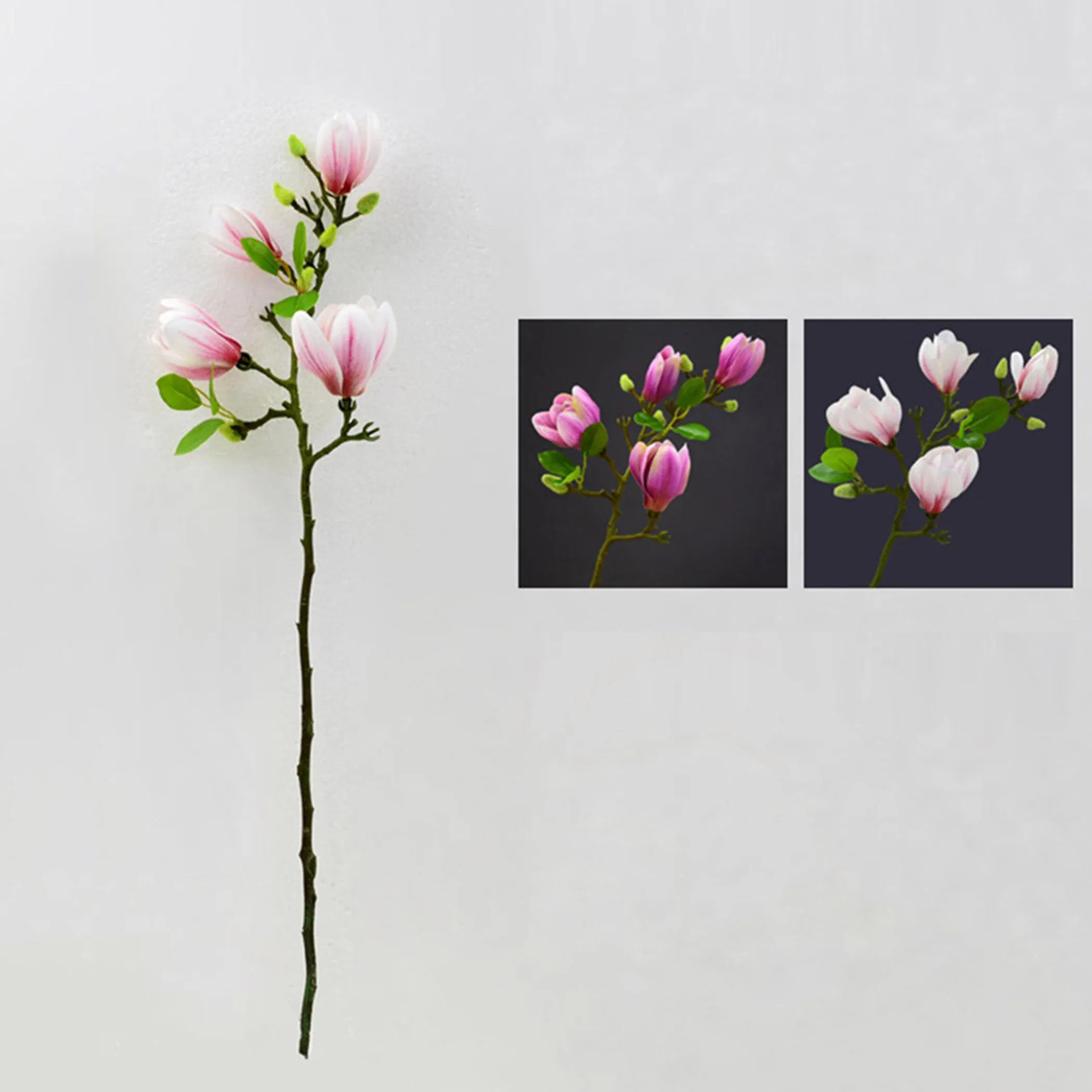 Artificial magnolia flower branch with pink flowers on a white background