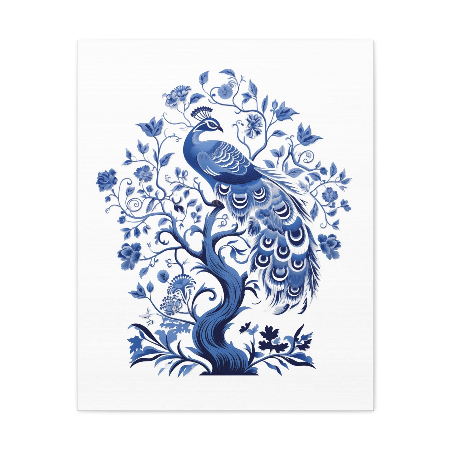 Chinoiserie Canvas Print Gallery Wrap - Peacock in Cobalt Blue and White