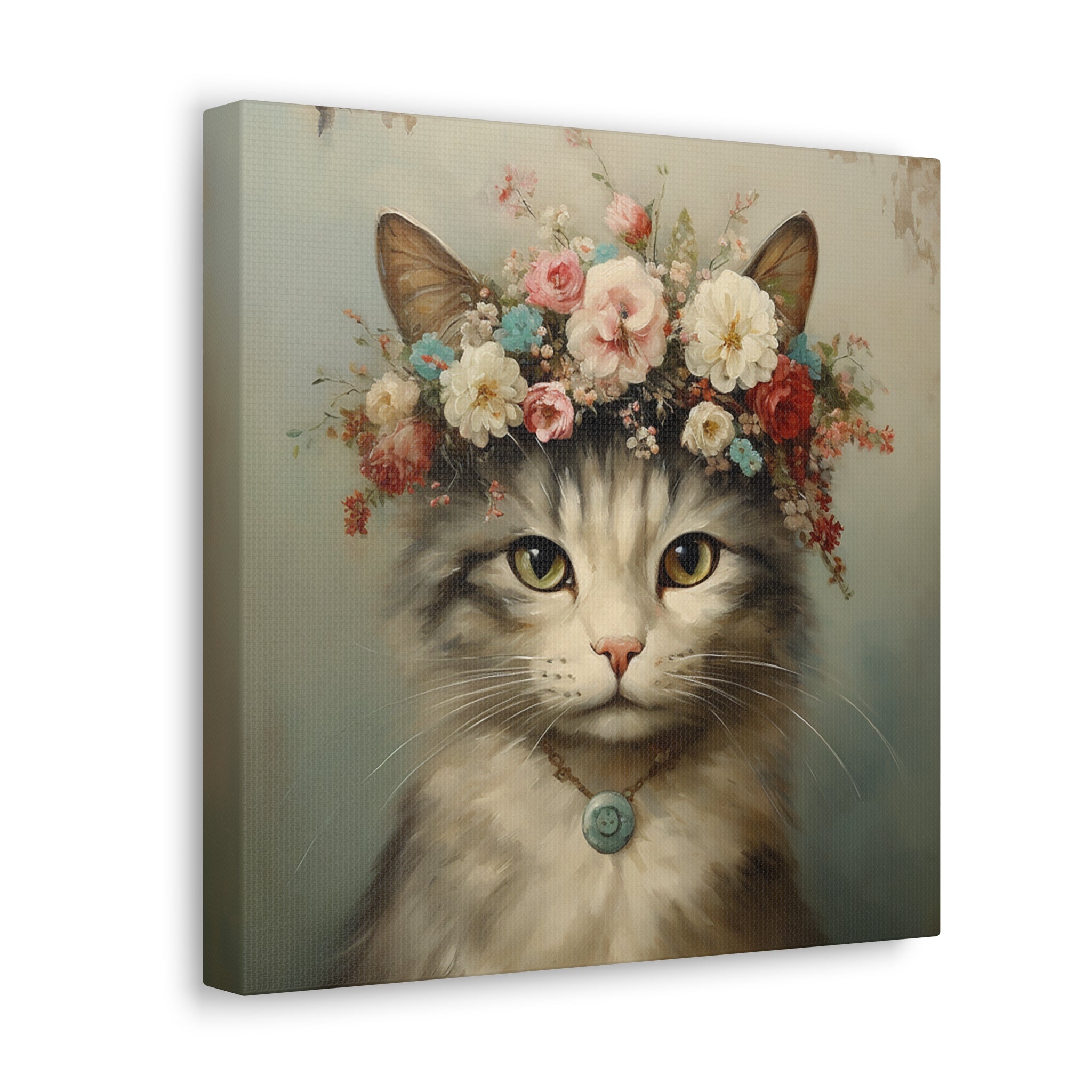 Whimsical Cat Wall Art - Canvas Print Gallery Wrap - With Floral Crown