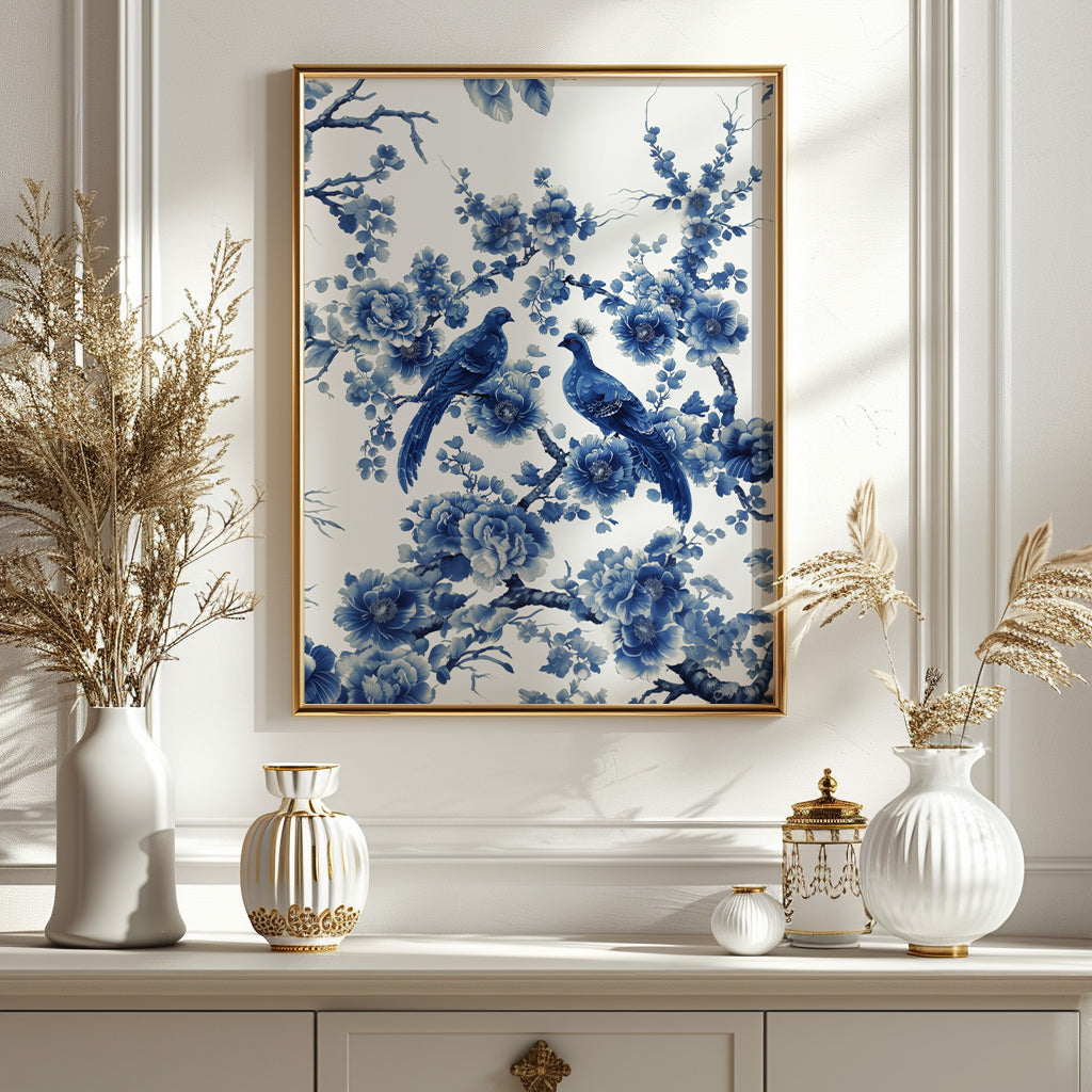 Chinoiserie Wall Art Print Peacocks Cobalt Blue and White