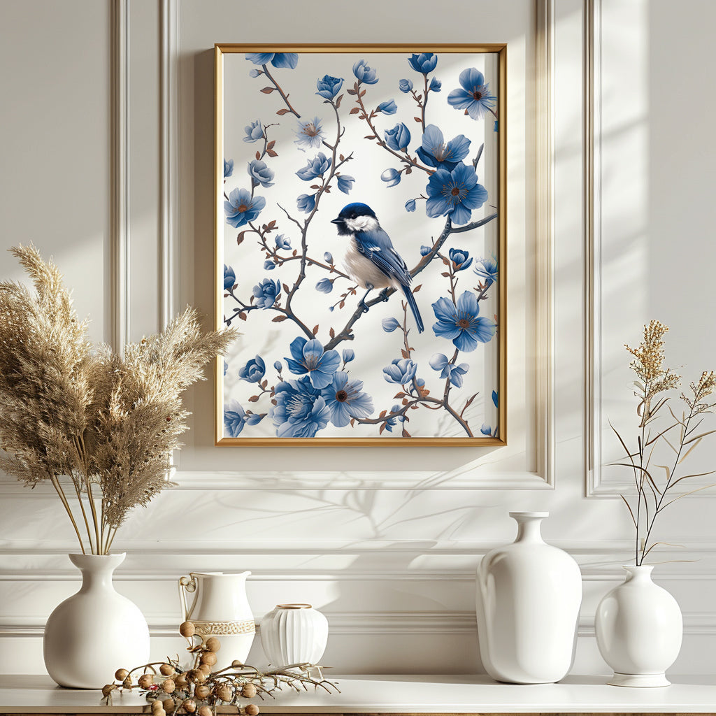 Chinoiserie Wall Art Print - Carolina Chickadee in Blue and White