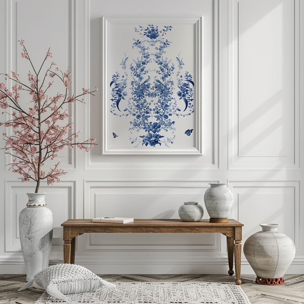 Chinoiserie Wall Art Print - Peacocks and Trellis Roses in Blue and Off-White